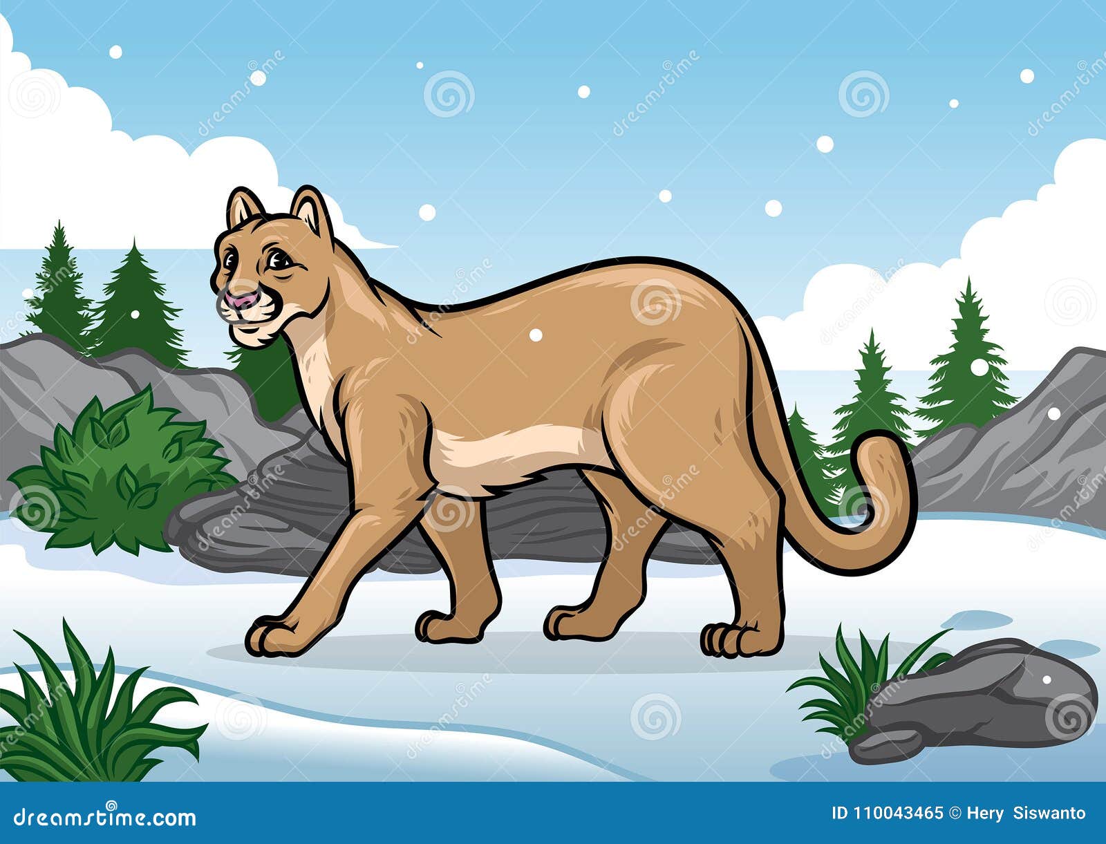 Cartoon of Cougar Illustration in the Snowy Mountain Stock Vector