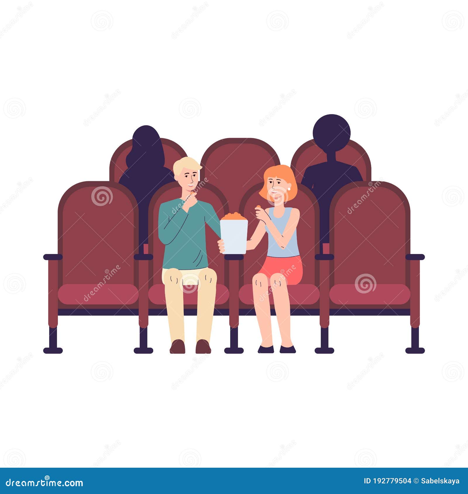 Cartoon Couple in Cinema Audience Eating Popcorn in Front Seats Stock  Vector - Illustration of male, seat: 192779504