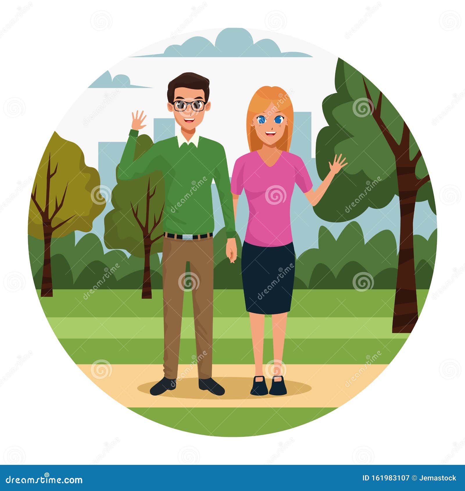 Cartoon Couple Waving in the Park Stock Vector - Illustration of mouth ...