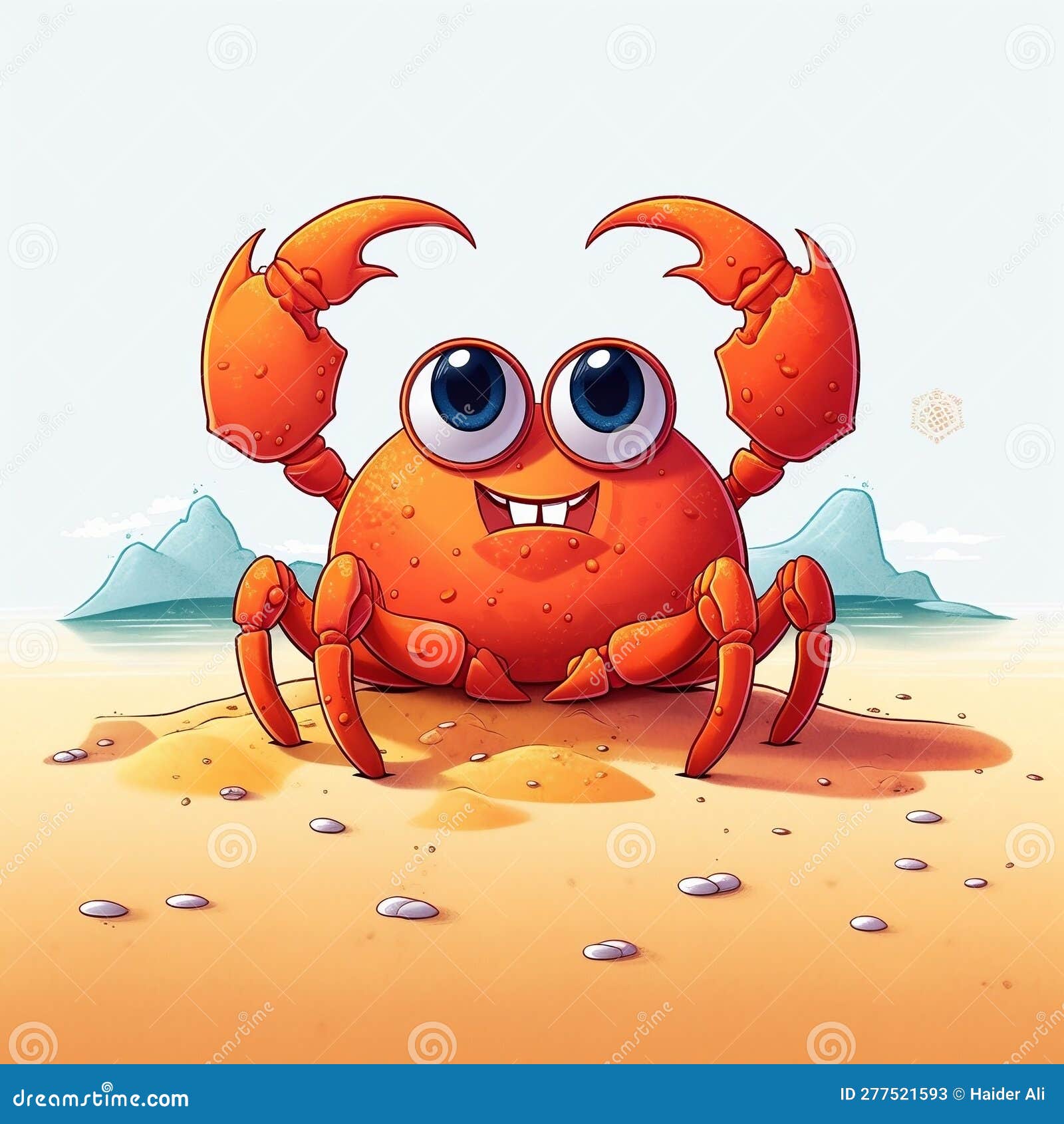 Cartoon Crab on Beach (Cute). Generative AI Stock Illustration