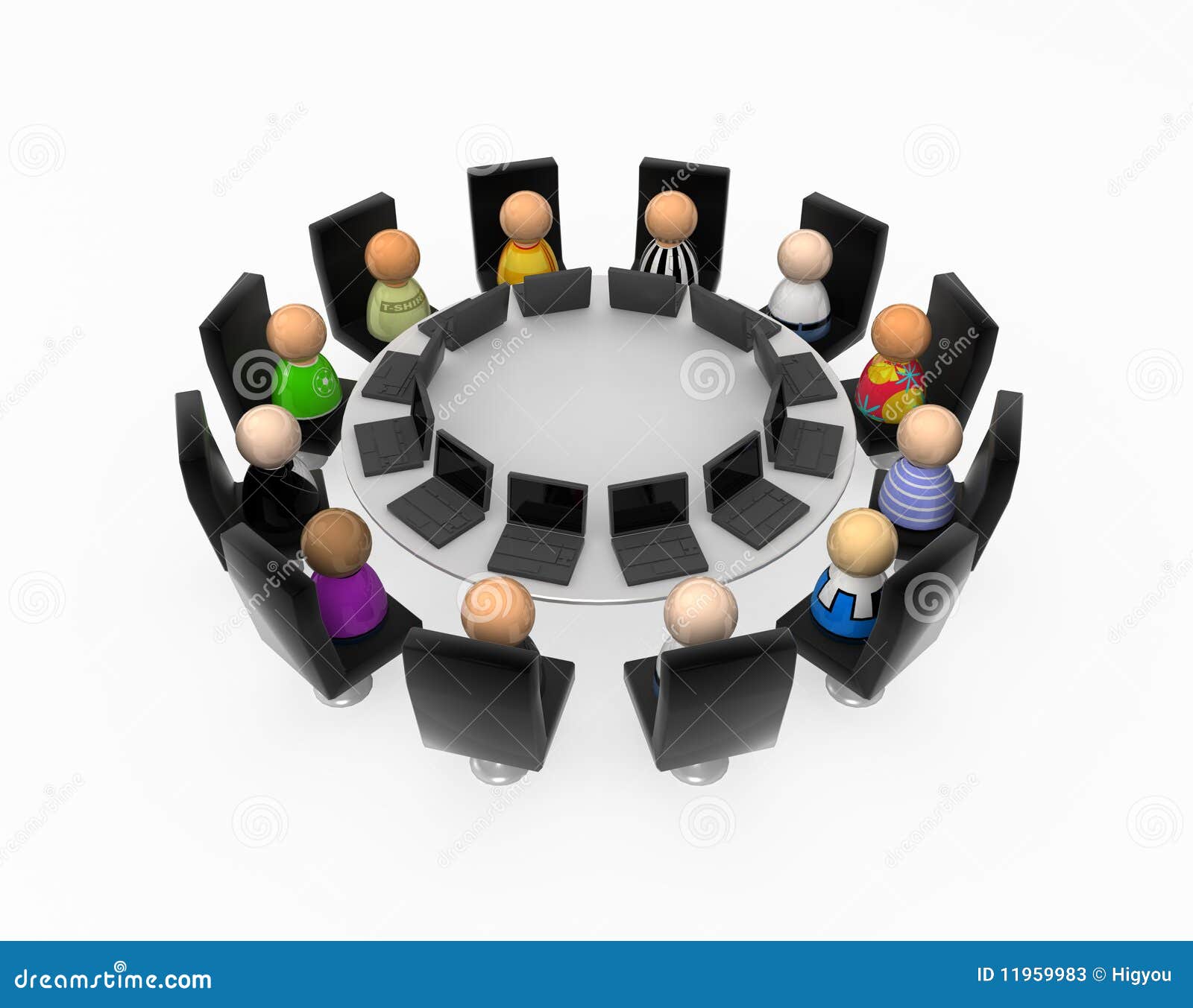 cartoon crowd round table laptops 11959983