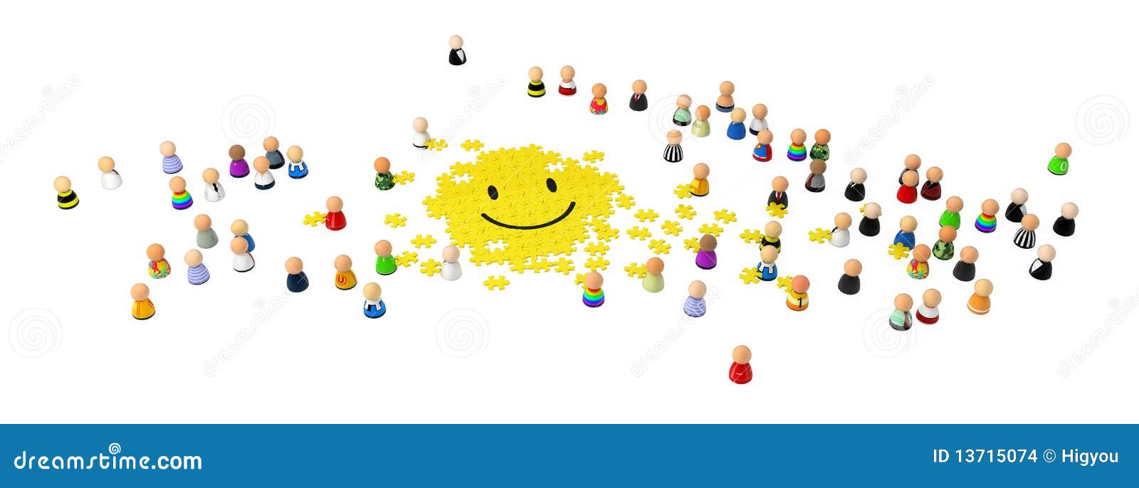 Cartoon Crowd, Smiley Jigsaw. Crowd of small symbolic 3d figures, over white