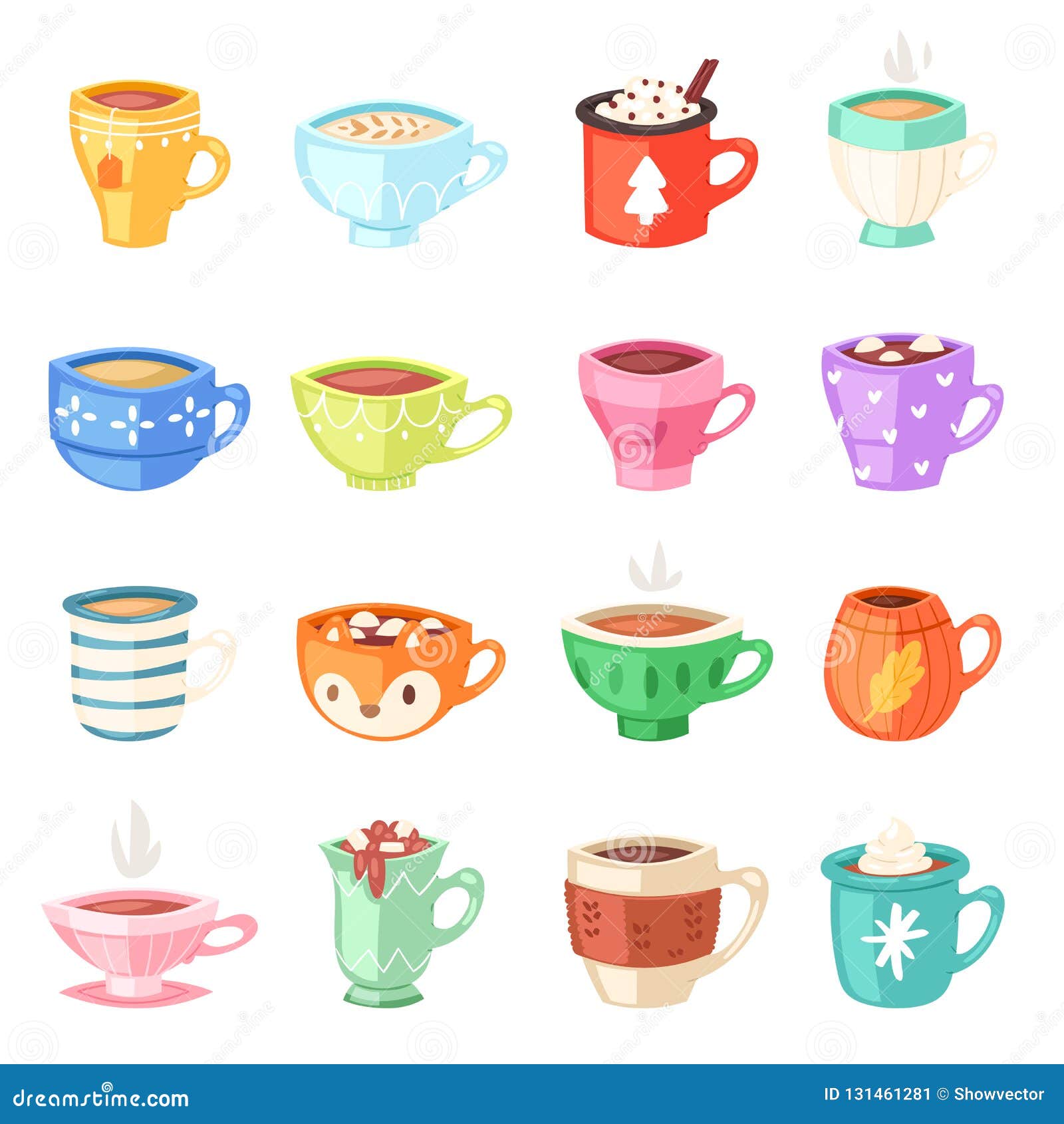 cartoon cup  kids mugs hot coffee or tea cupful on breakfast and various s of coffeecup  set of