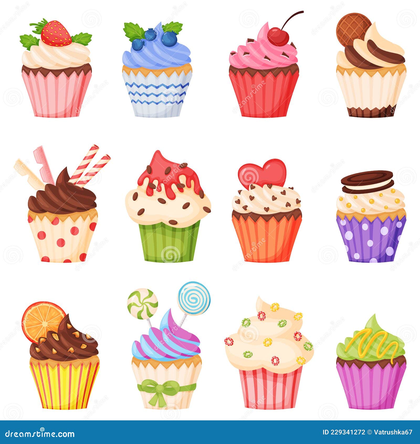 Cartoon Cupcake with Various Toppings, Delicious Sweet Desserts. Muffins or  Cupcakes with Chocolate Cream, Fruits Stock Vector - Illustration of  chocolate, fruit: 229341272