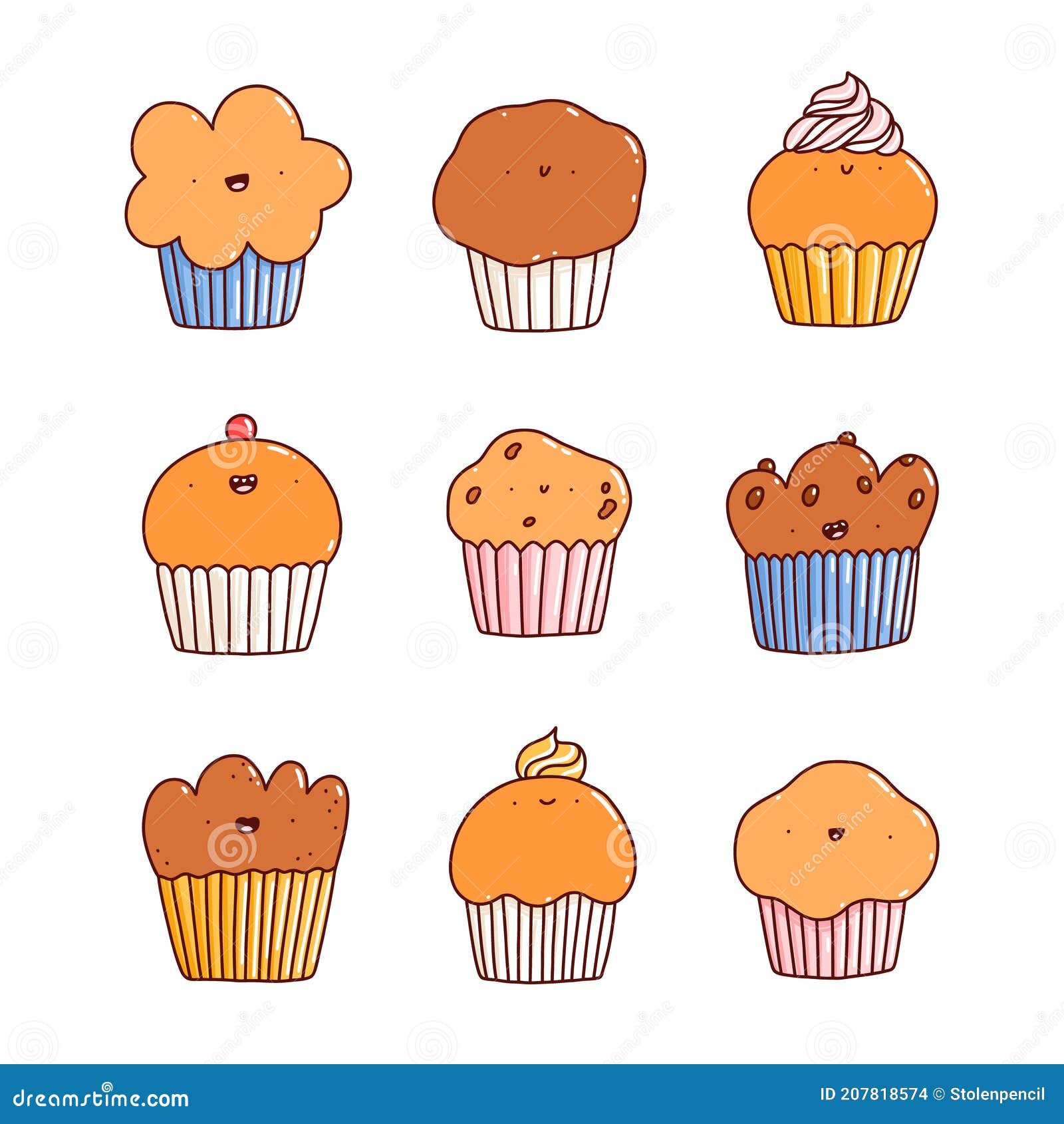 Cartoon Cupcakes and Muffins Characters Vector Set Stock Vector