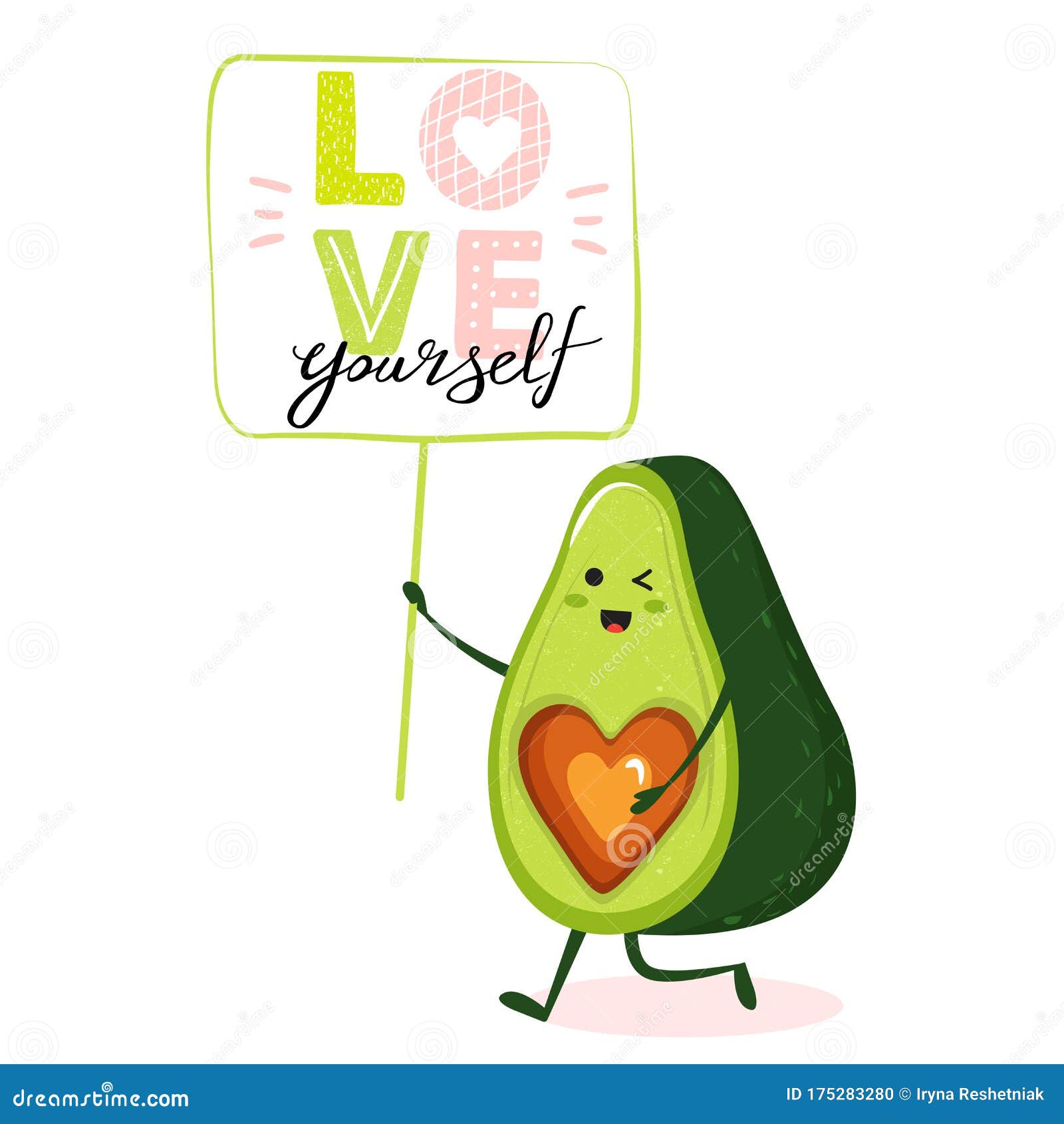 Cartoon Cute Avocado Character with Heart and Trendy Lettering. Stylish  Typography Slogan Design `Love Yourself` Sign Stock Vector - Illustration  of cute, sign: 175283280