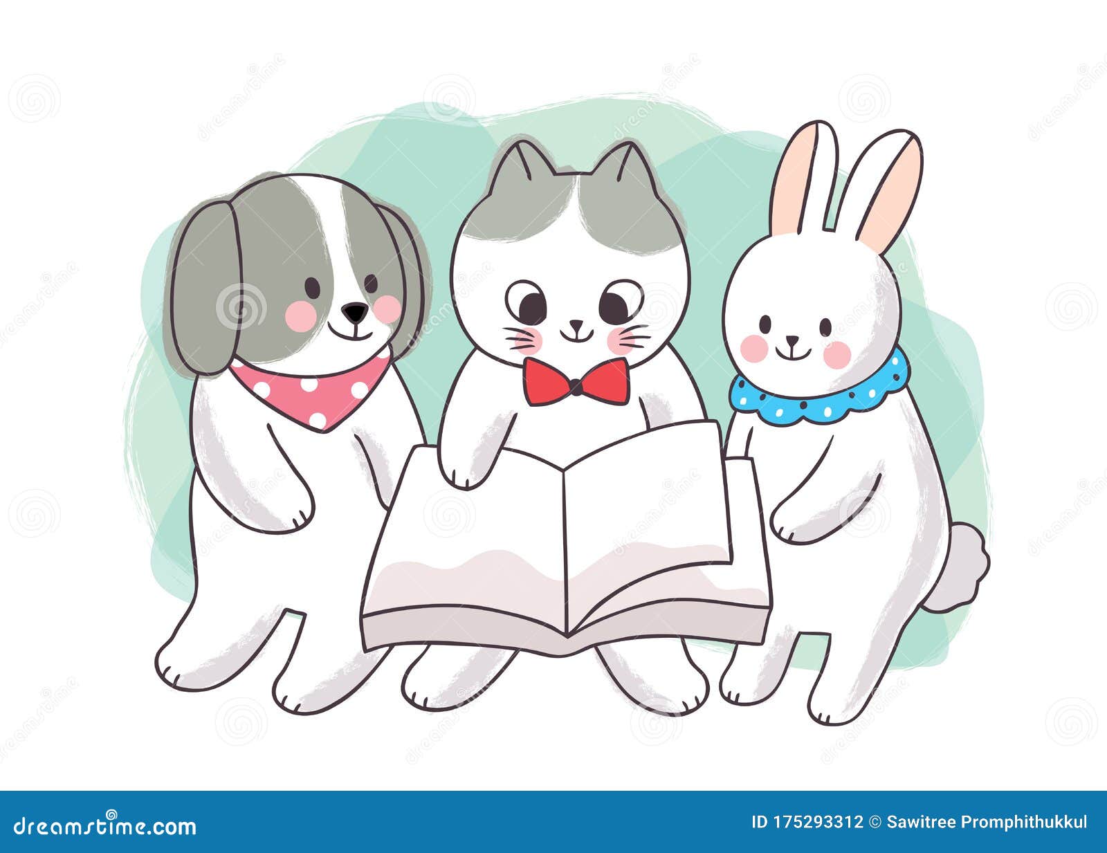 Cartoon Cute Book Day, Adorable Cat and Dog and Rabbit Reading Book Vector.  Stock Vector - Illustration of animal, cute: 175293312