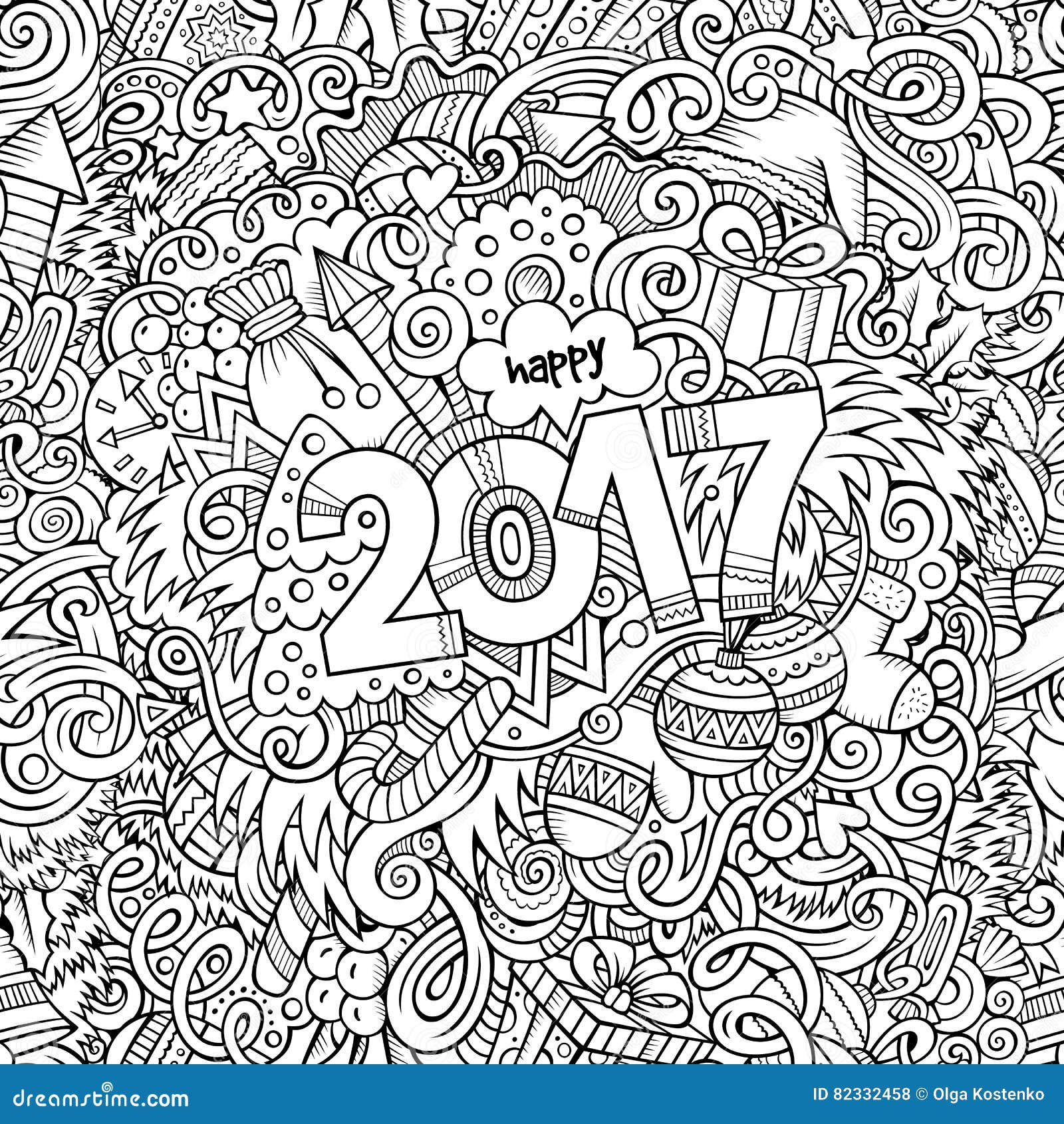 Cartoon Cute Doodles Hand Drawn New Year Illustration Stock ...