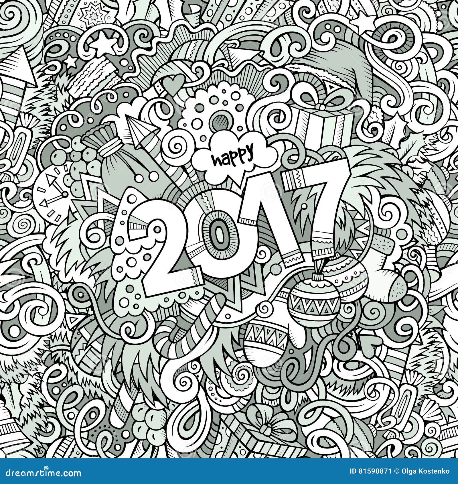 Cartoon Cute Doodles Hand Drawn New Year Illustration Stock Vector ...