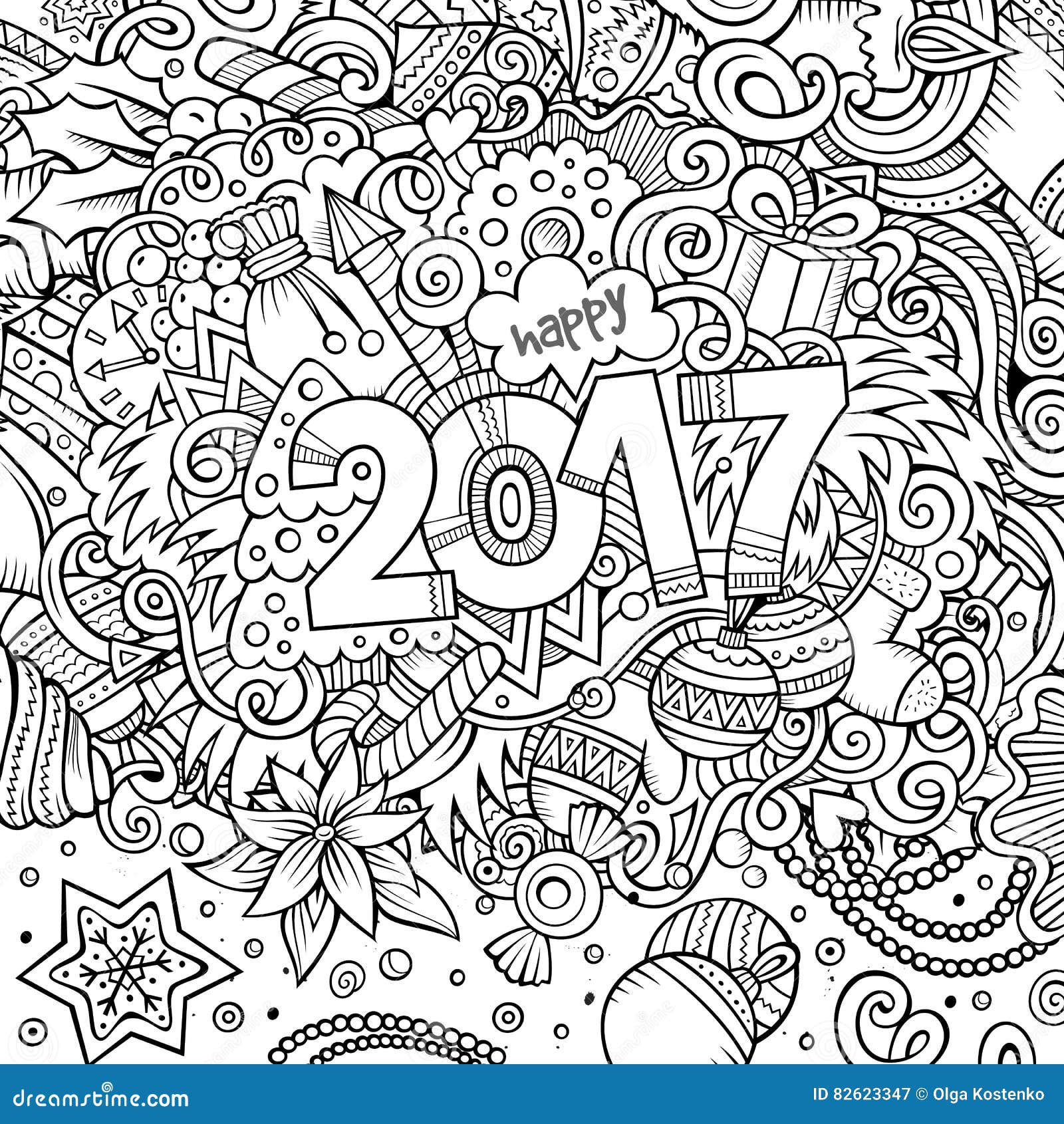 Cartoon Cute Doodles Hand Drawn New Year Illustration Stock Vector ...