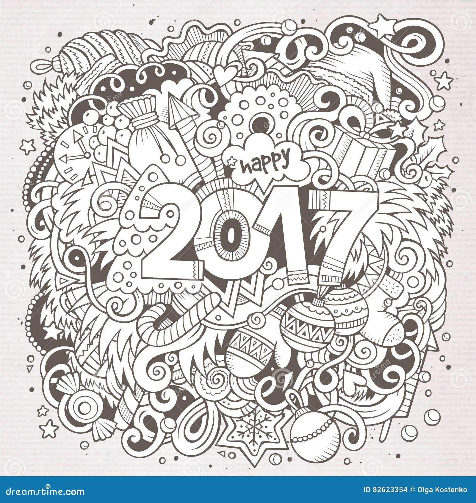 Cartoon Cute Doodles Hand Drawn New Year Illustration Stock Vector ...