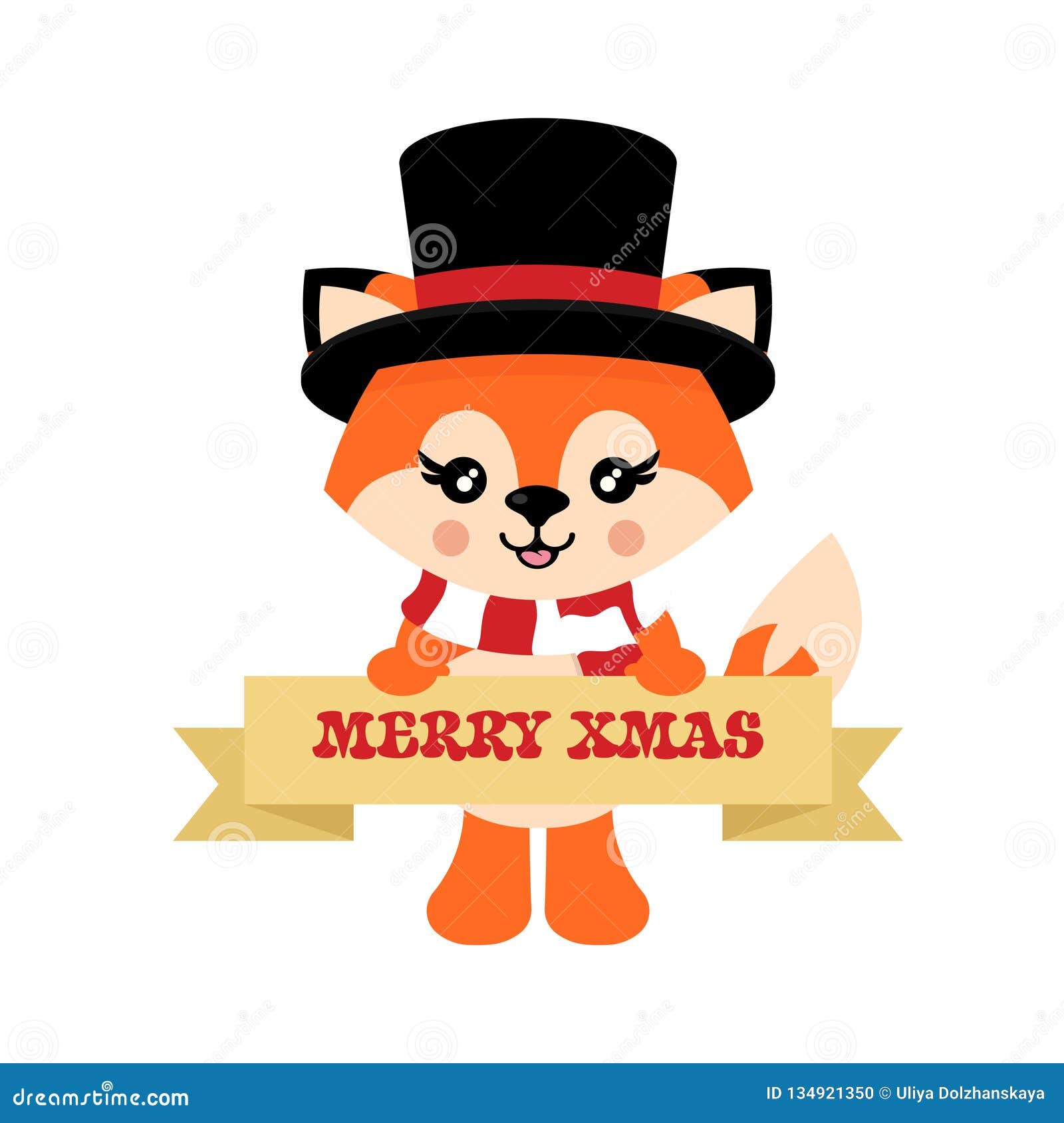 Cartoon Cute Fox with Scarf in Hat Vector and Christmas Sign Stock