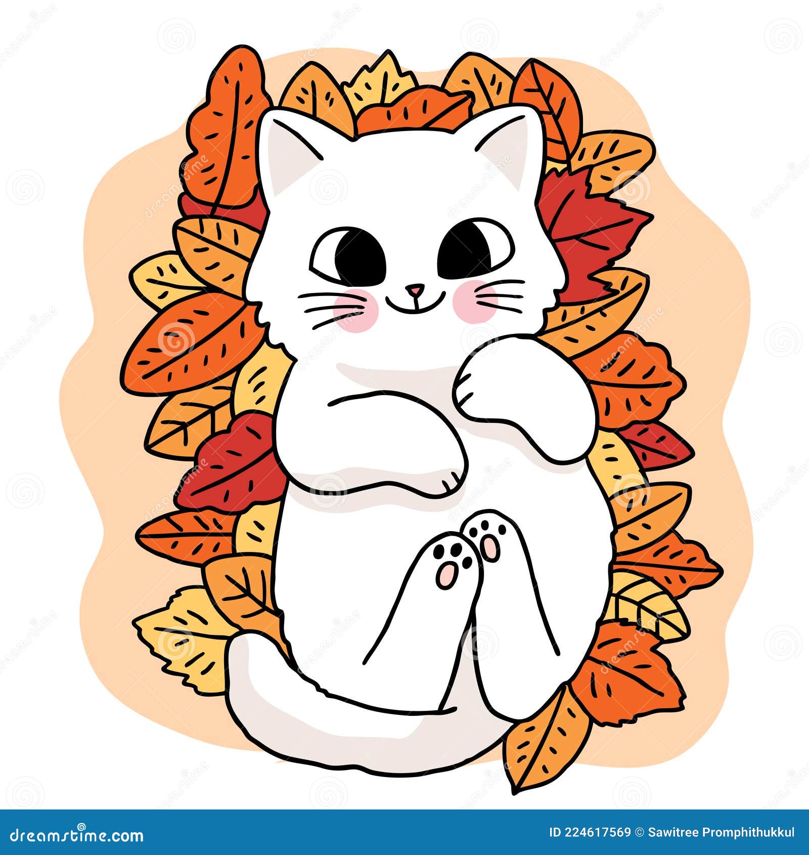 Cartoon Cute Hand Draw Cat Lay Down on Meny Leaves, Autumn Vector ...