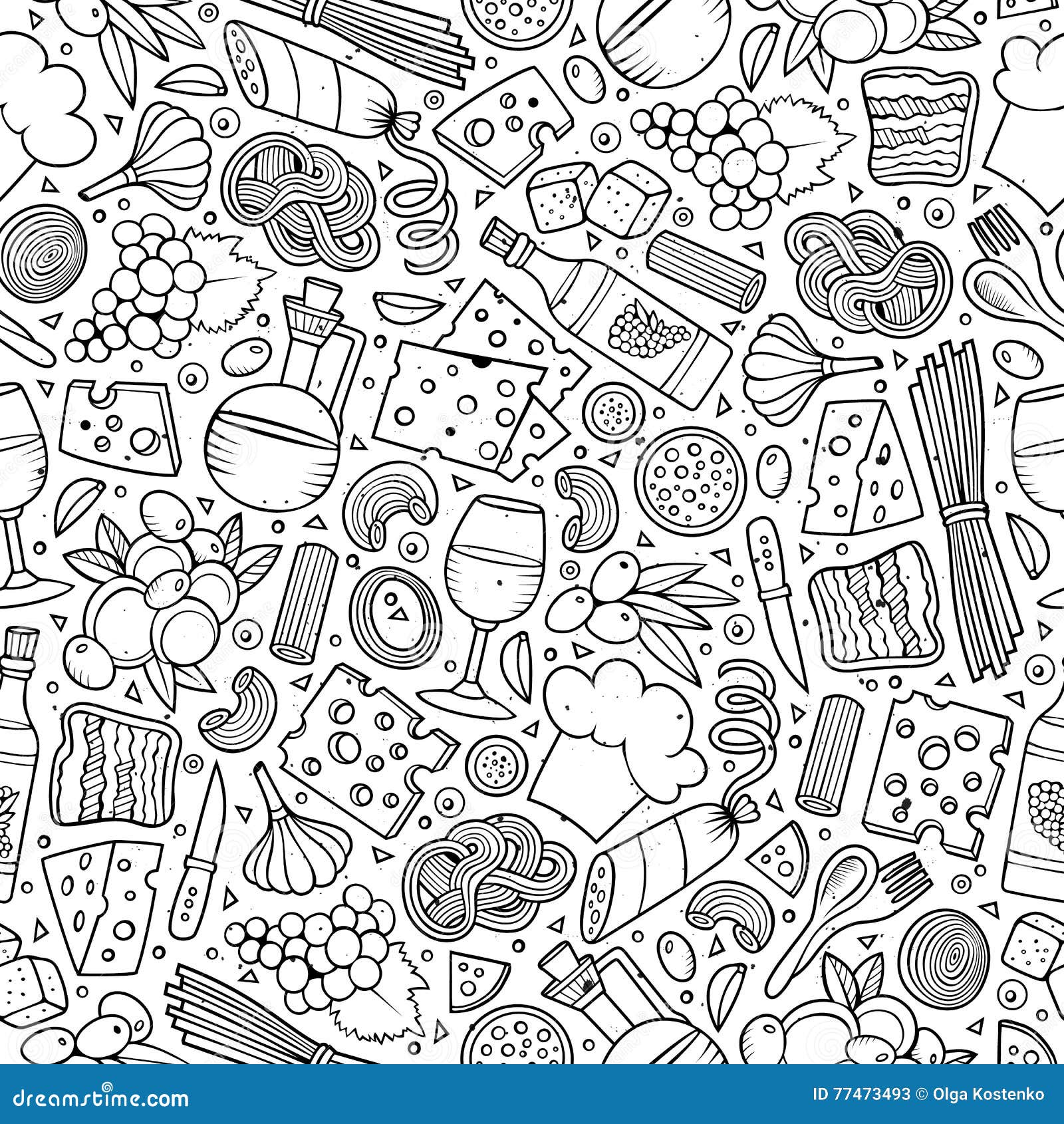 Cartoon Cute Hand Drawn Italian Food Seamless Pattern. Stock Vector ...