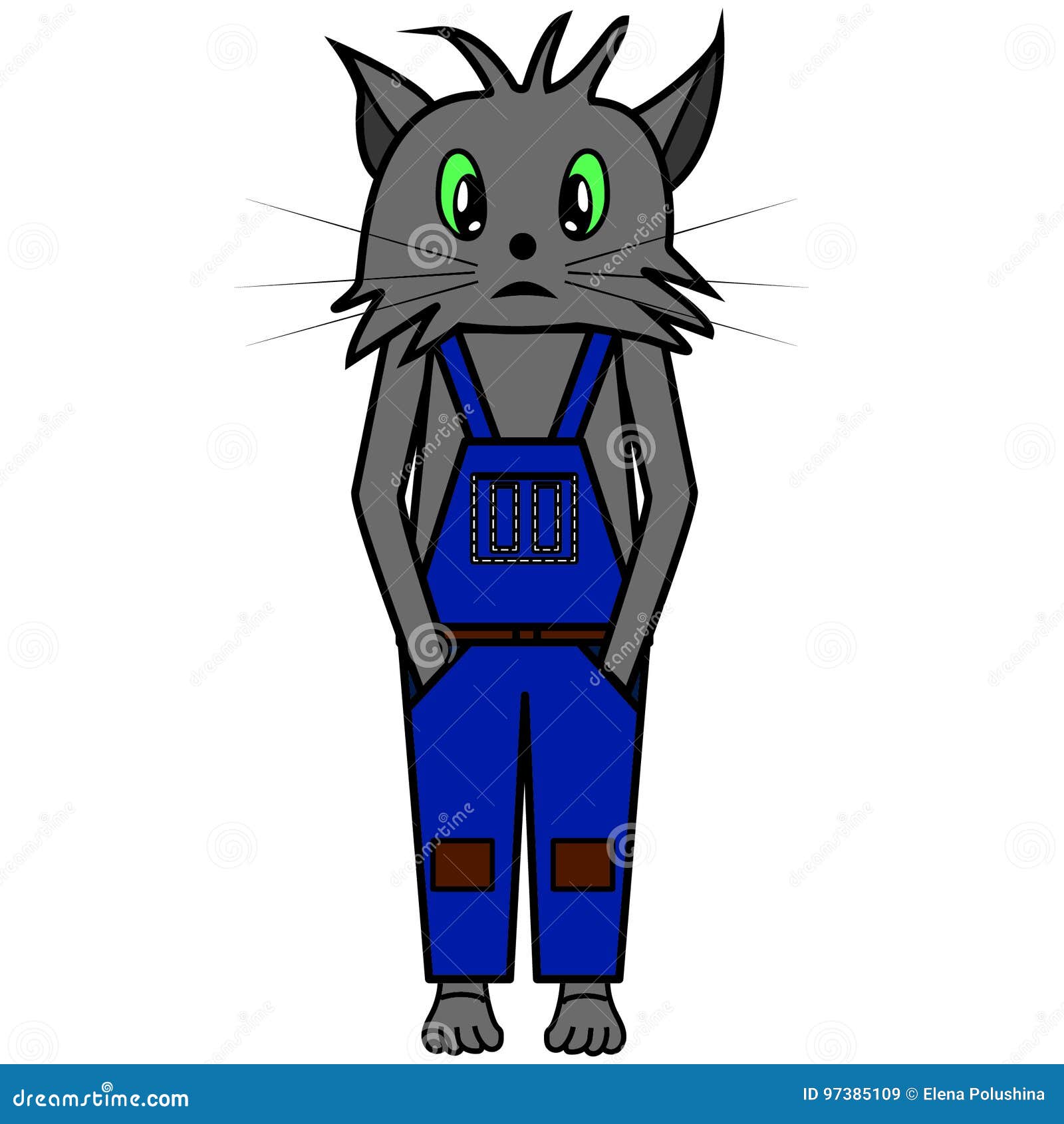 Cartoon Cute Kitten Dressed in Overalls. Cat Illustration Stock