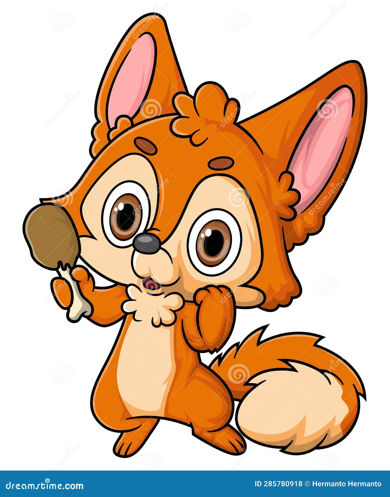 Cartoon Cute Little Fox Eating Fried Chicken Stock Vector