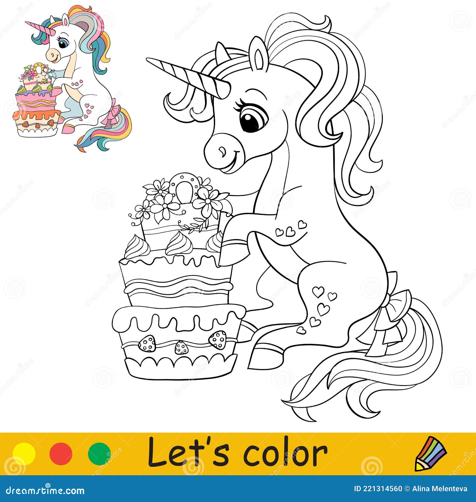 Cartoon Cute Sitting Unicorn with Cake Coloring Stock Vector ...