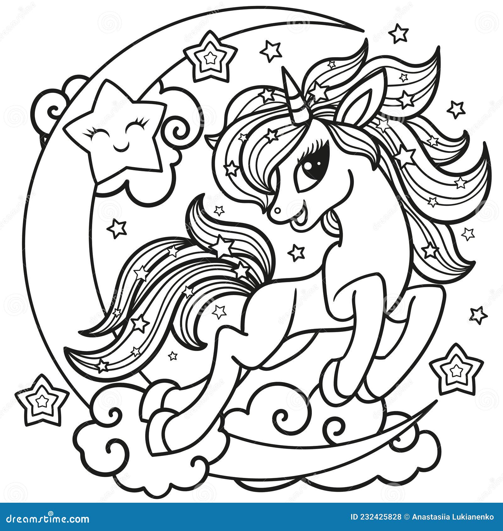 Cartoon, Cute Unicorn. Black and White Linear Image. Vector. Stock ...