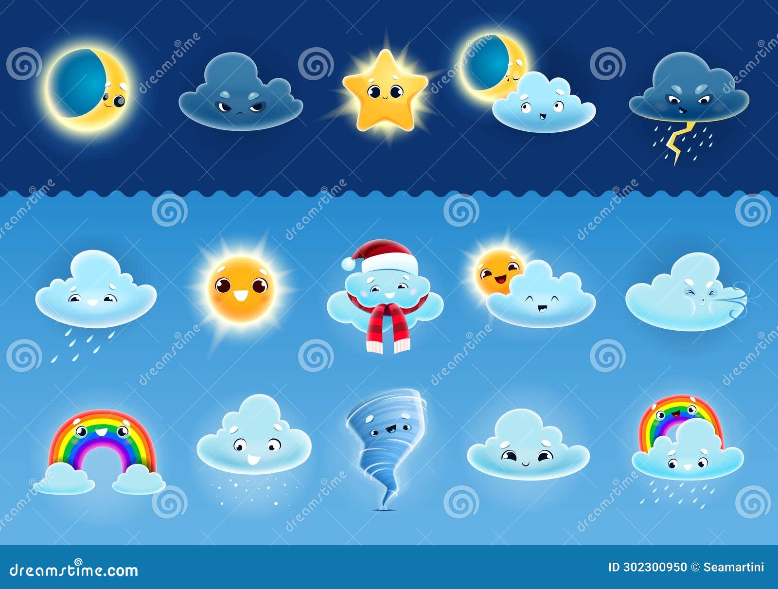 cute stamps, weather sun rainbow clouds moon icons, Stock vector