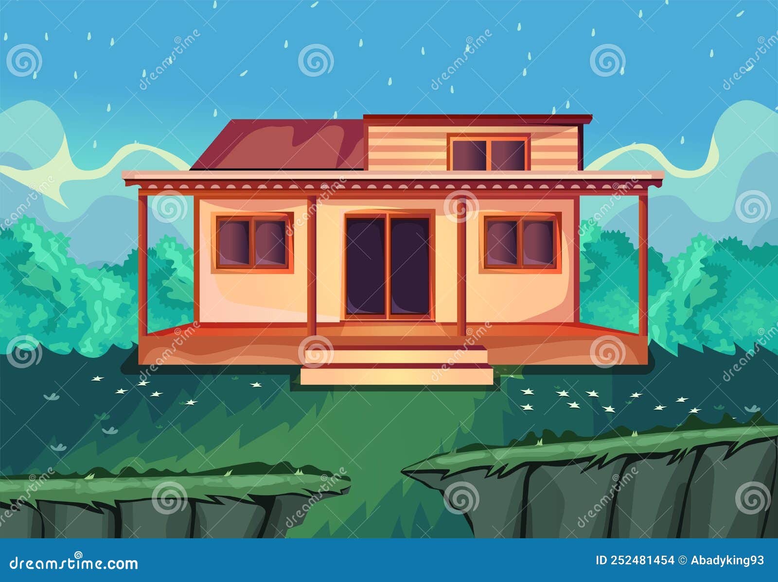 Fundo do jogo 2d, paisagem de uma pequena casa perto do lago