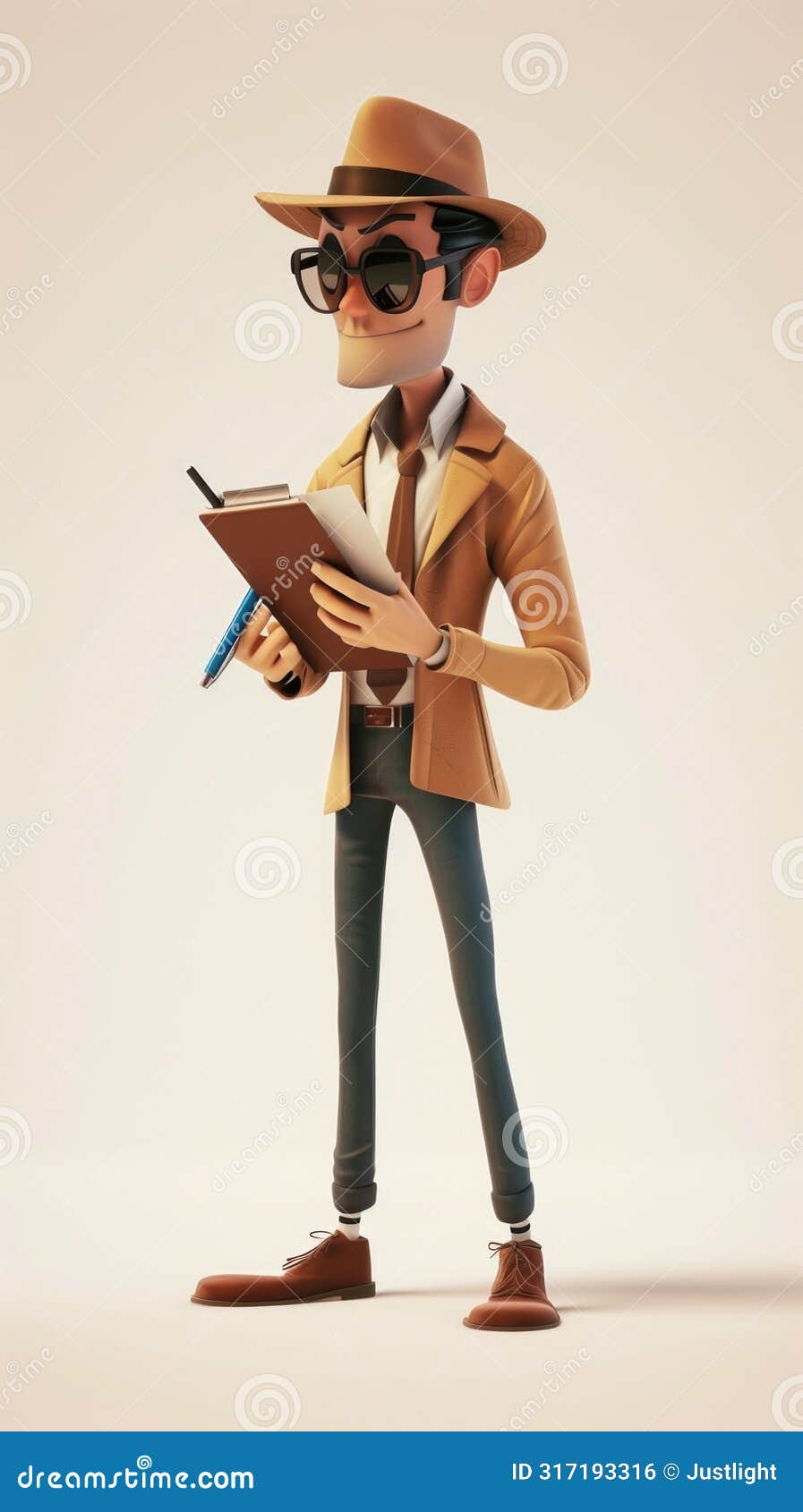 cartoon digital avatar of detective dynamo ready for action with a notepad and pencil, this avatar is dedicated to