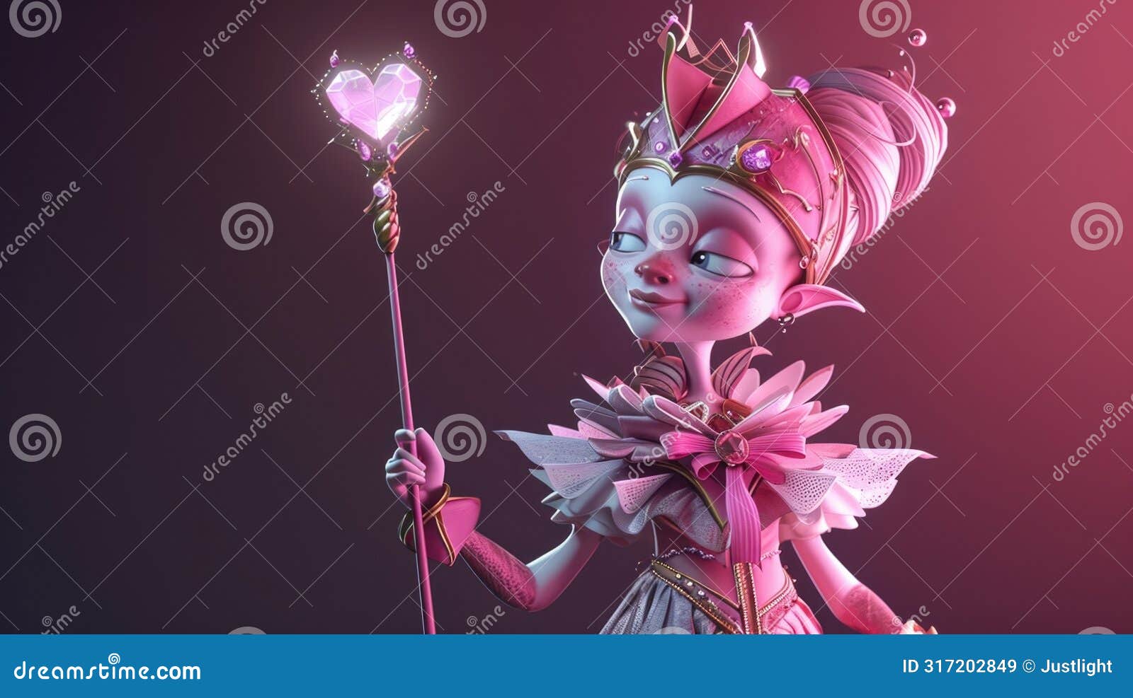 cartoon digital avatars of mystical genie with pink skin, a frilly pink and white outfit, and a wand with a heartd
