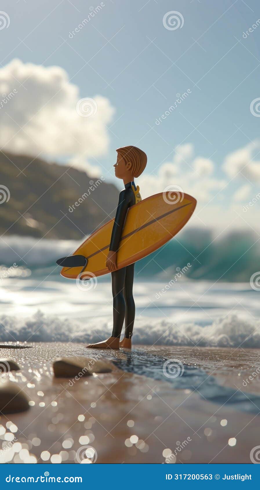 cartoon digital avatars of a surf instructor on a beach, holding a surfboard, with a wetsuit and a boogie board sped to