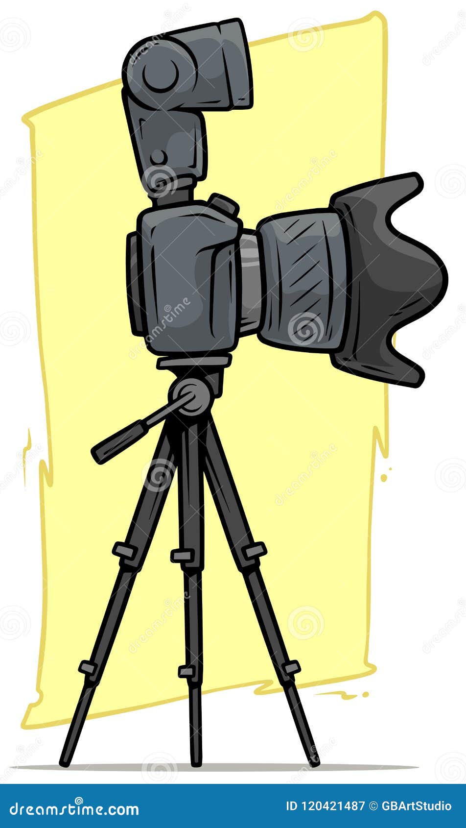 Cartoon Digital Camera With Big Lens On Tripod Stock