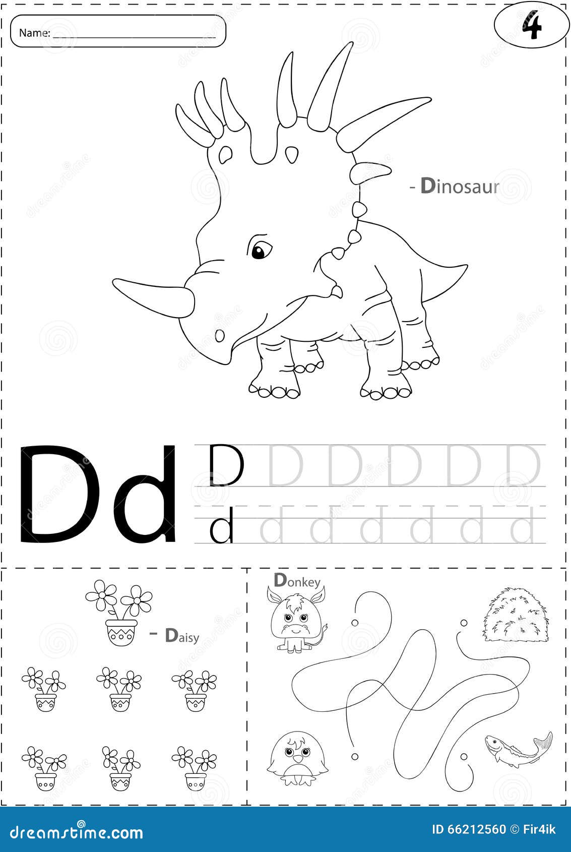 Download Cartoon Dinosaur, Daisy And Donkey. Alphabet Tracing Worksheet: Stock Vector - Illustration of ...