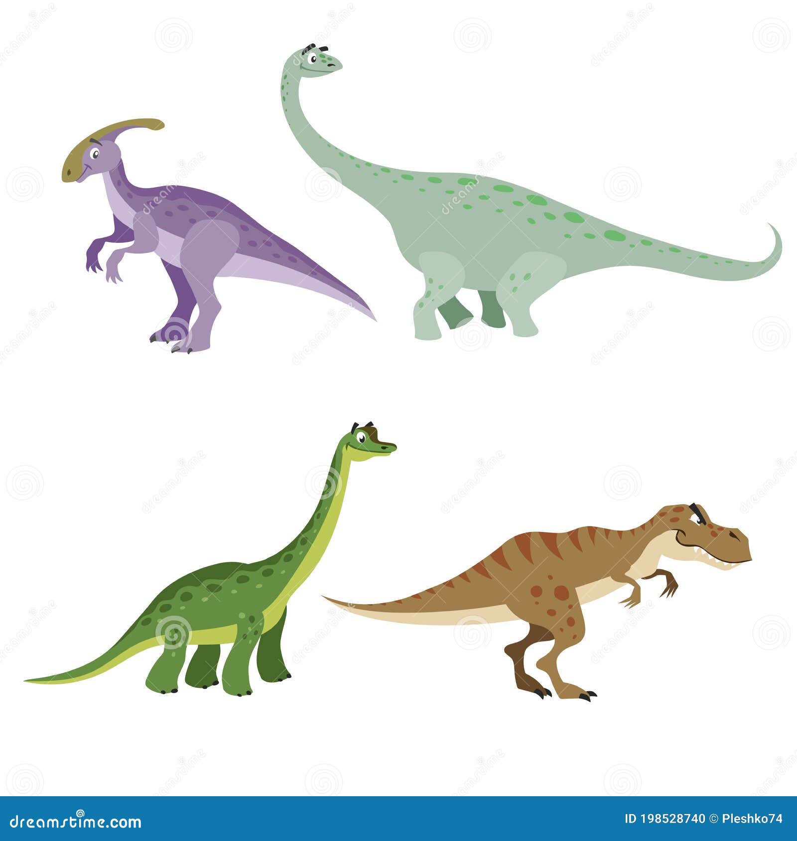 cartoon dinosaurs set. parasaurolophus, brontosaurus, brachiosaurus and tyrannosaurus rex. herbivore and carnivore dinosaurs colle