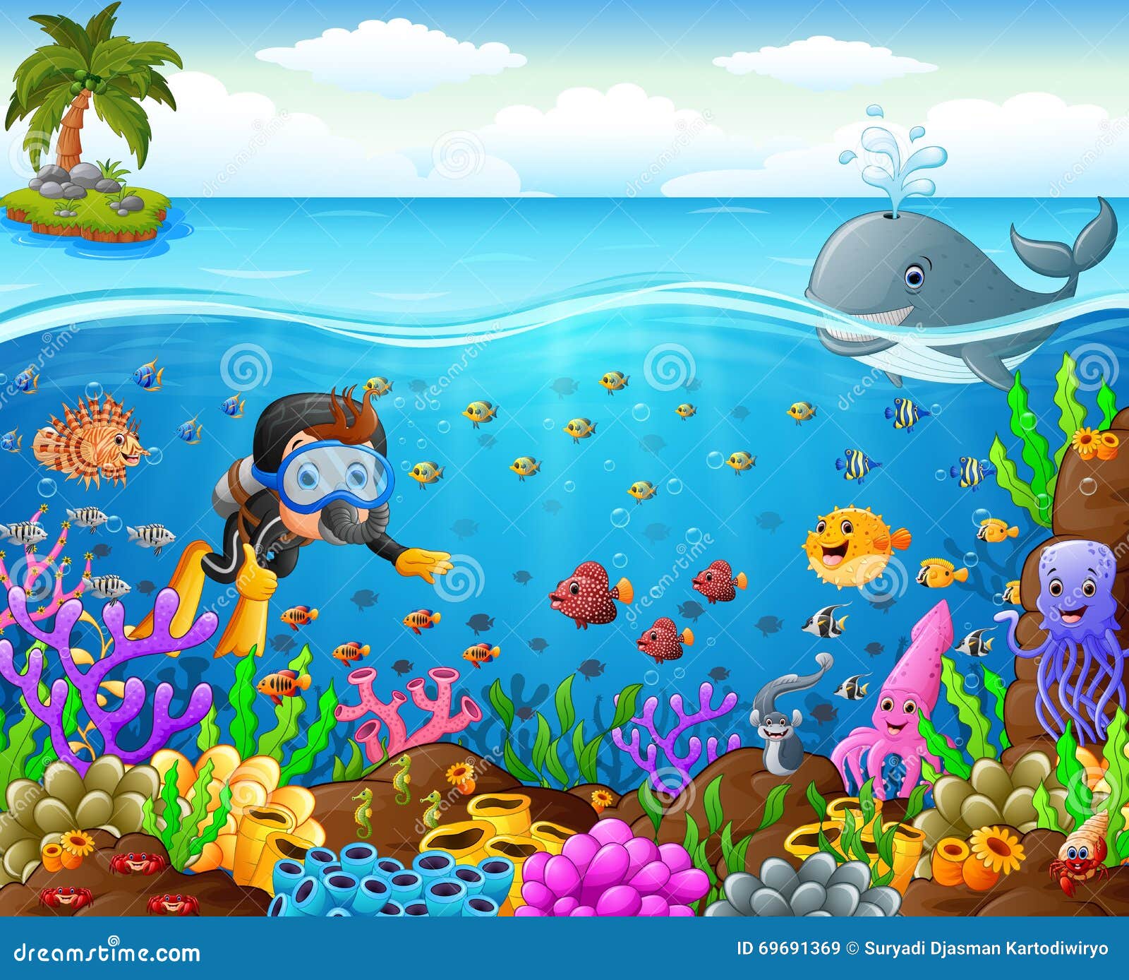 Cartoon Diver Under the Sea Stock Vector - Illustration of submarine, ocean:  69691369