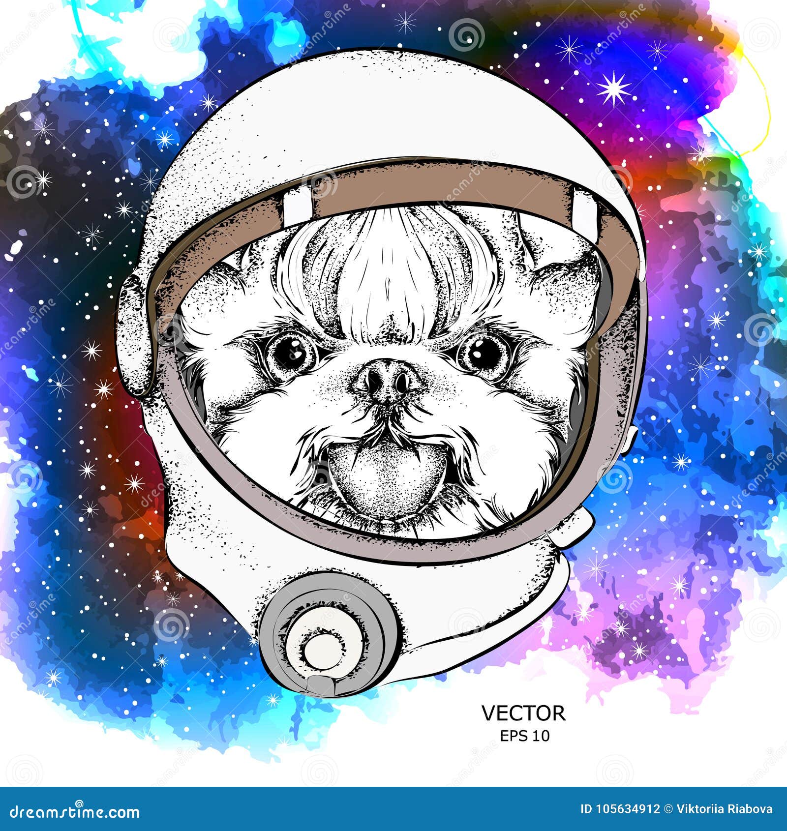 A Cartoon Dog in an Astronaut`s Space Suit. Character in Space. Vector