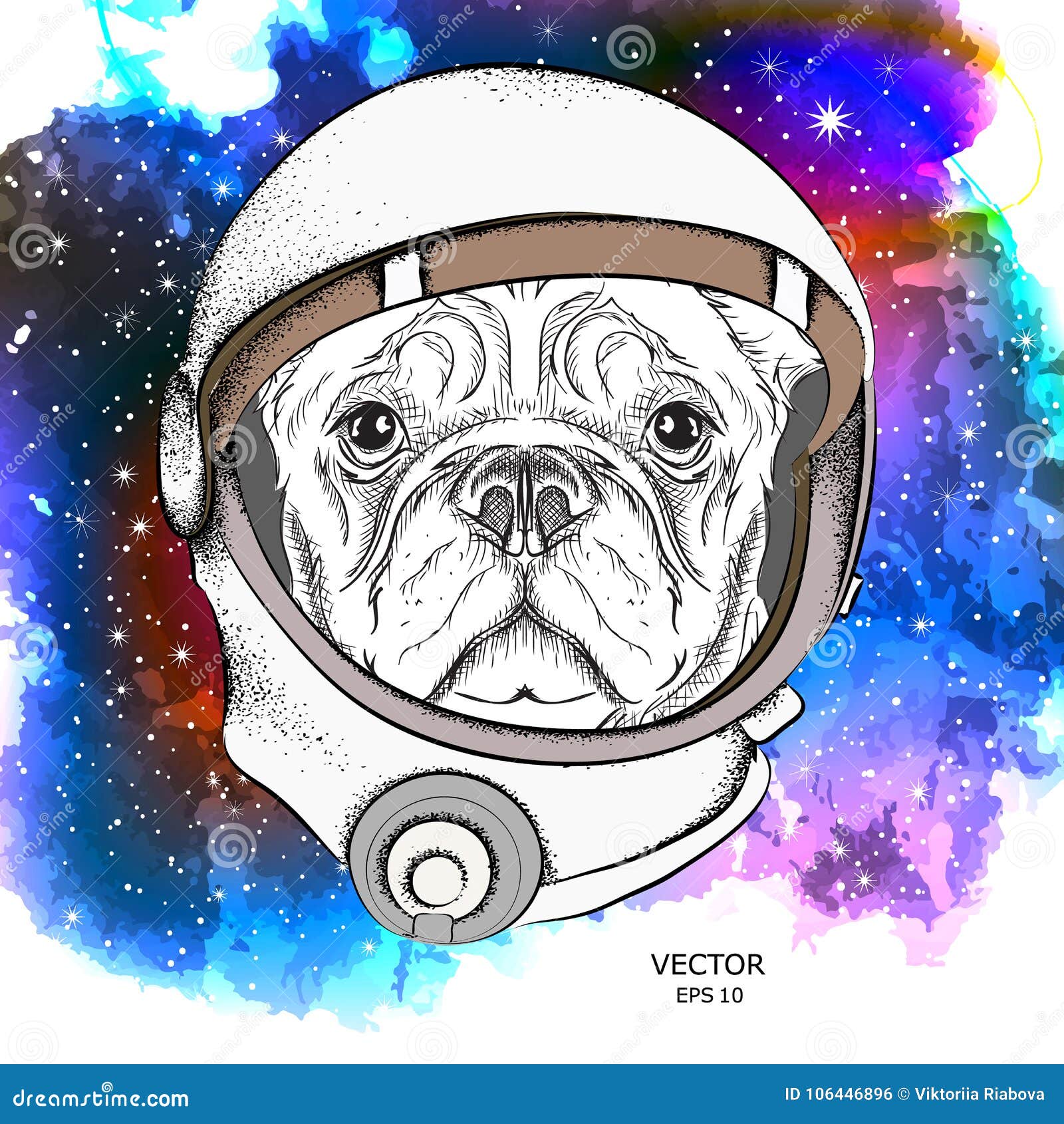 A Cartoon Dog in an Astronaut`s Space Suit. Character in Space. Vector