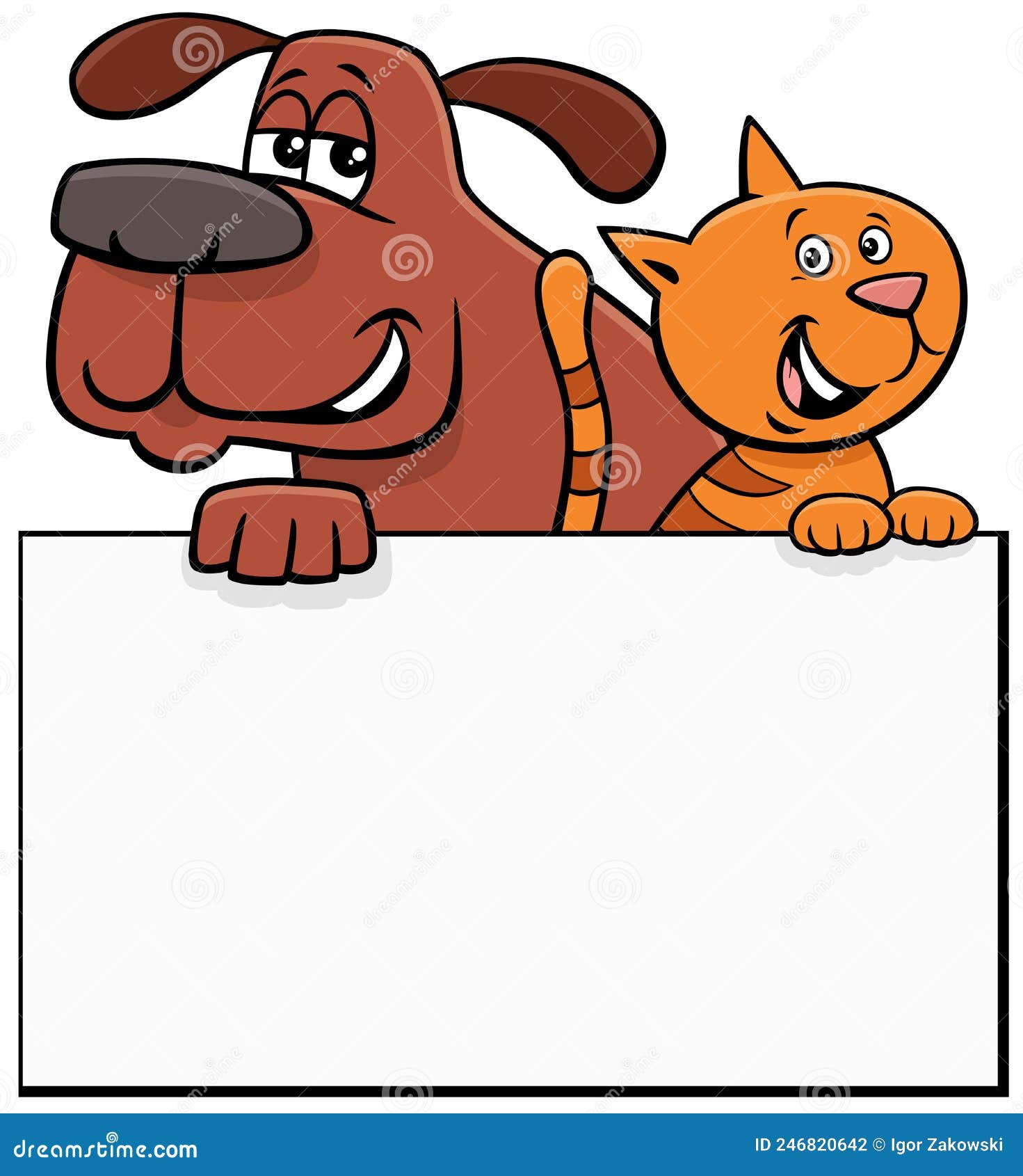 cartoon dog and cat with blank card graphic 