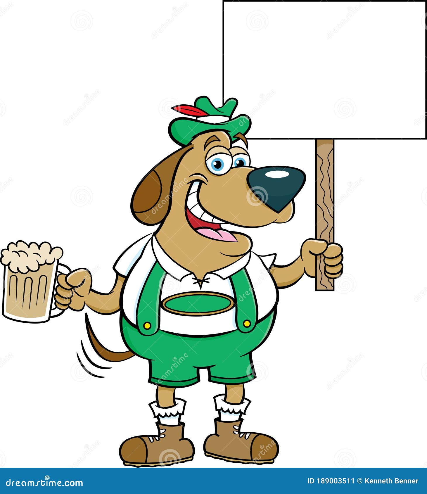 cartoon dog in lederhosen holding a beer and a sign.
