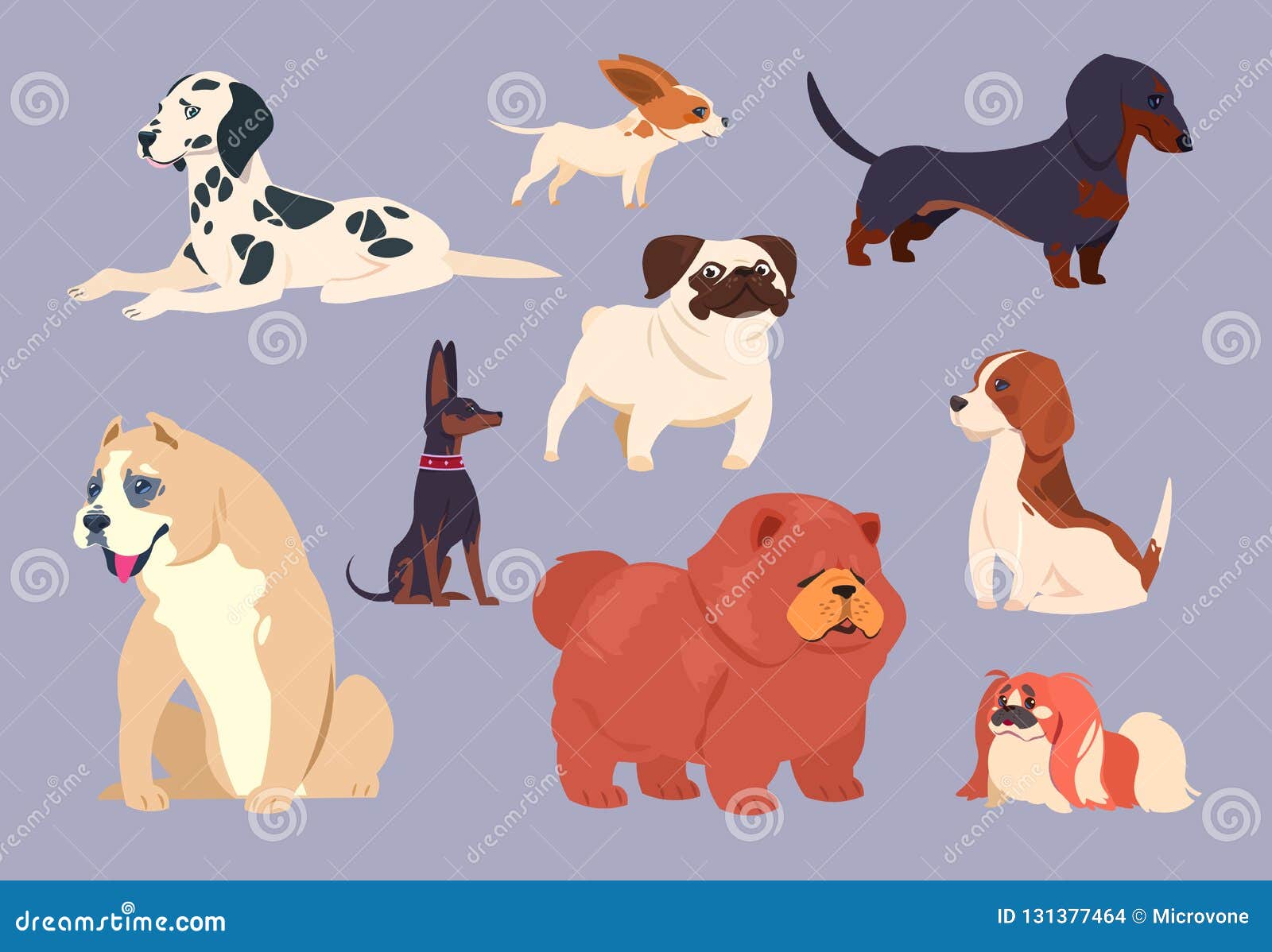 https www dreamstime com cartoon dogs puppy pet different breeds chow chow dachshund dalmatian pit bull pekingese pug beagle cartoon dogs puppy image131377464