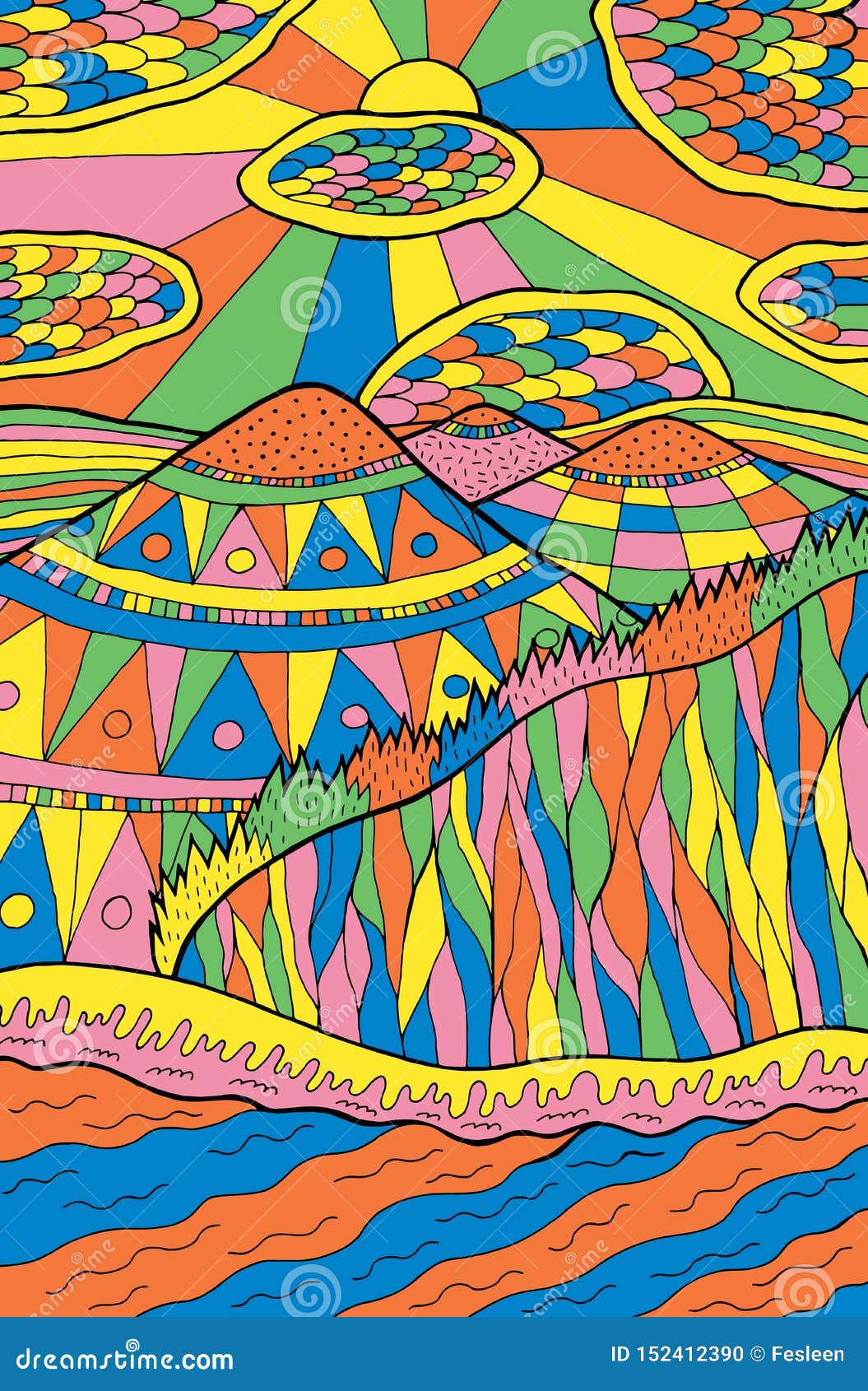 Cartoon Doodle Landscape. Mountains, River, Clouds, Sun, Forest. Colorful Psychedelic  Artwork. Vector Art Illustration Stock Vector - Illustration of hand,  doodle: 152412390