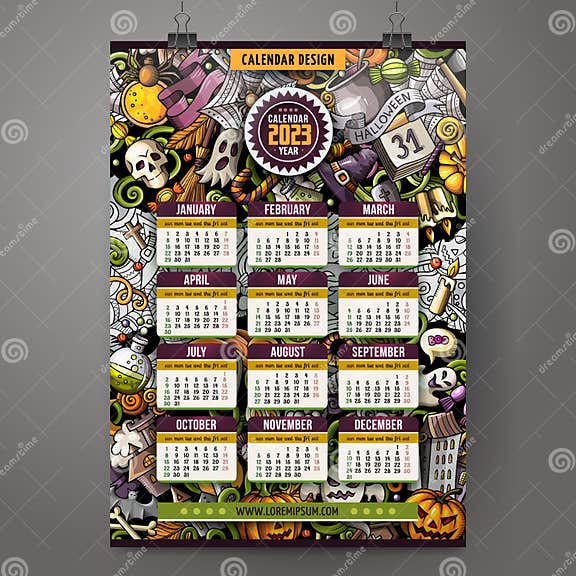 Cartoon Doodles Halloween 2023 Year Calendar Template. Stock Vector
