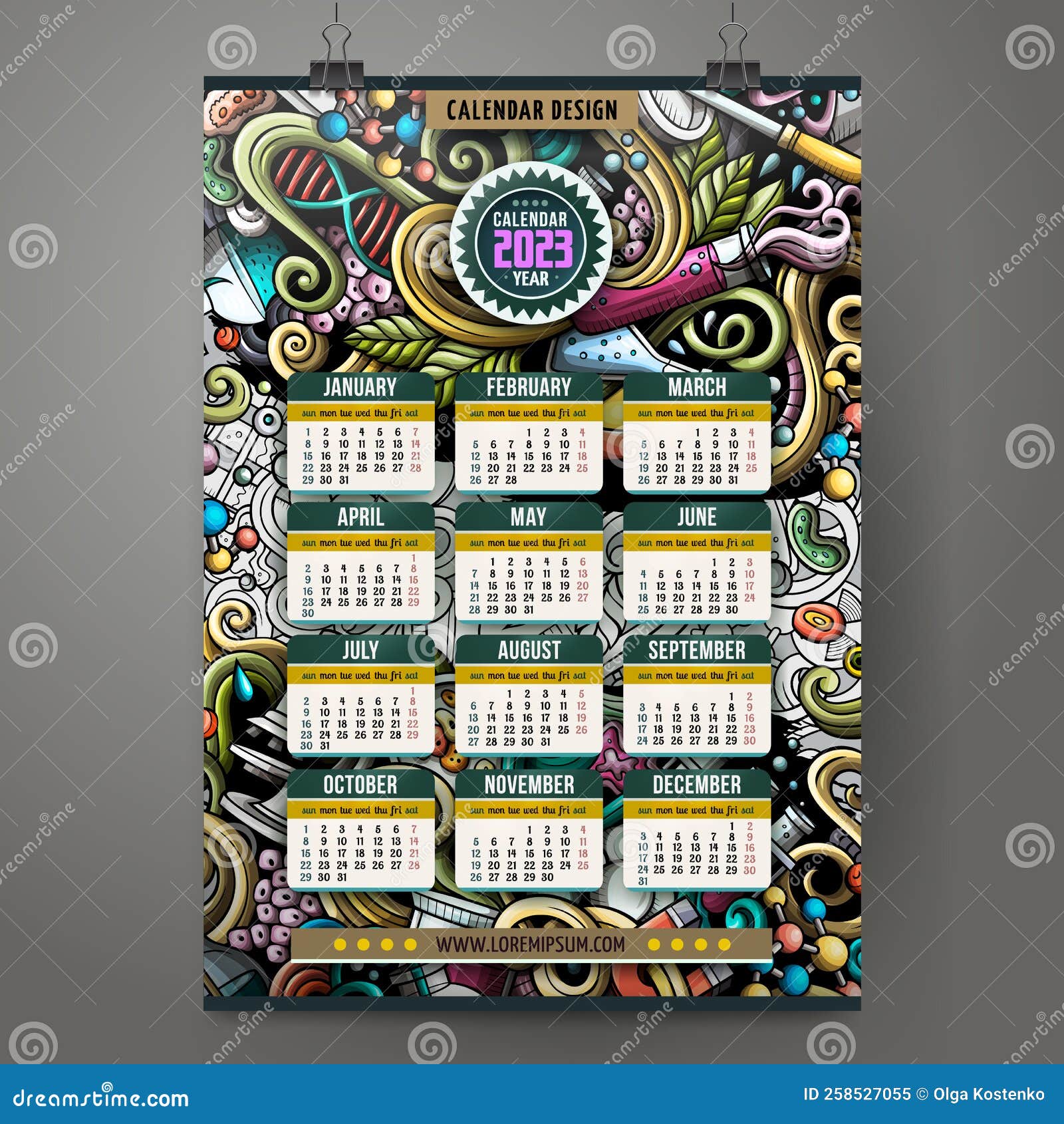 Cartoon Doodles Science 2023 Year Calendar Stock Vector Illustration