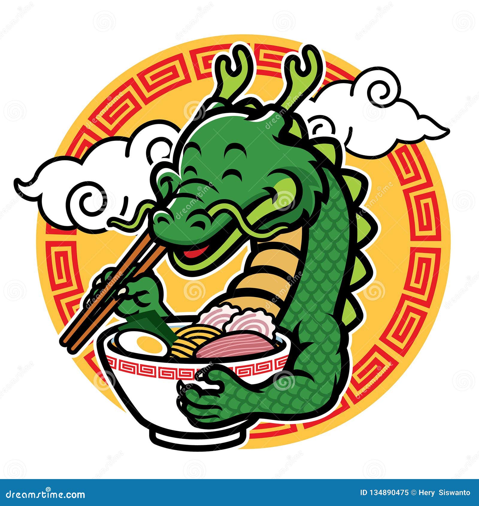 cartoon dragon mascot eat ramen