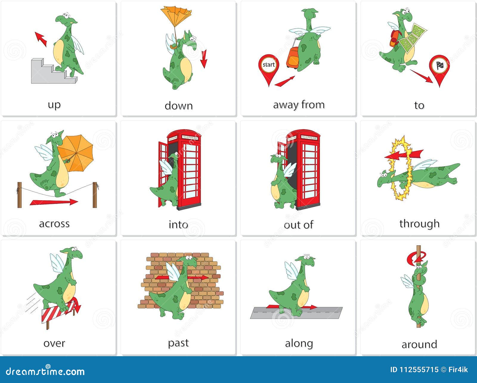 cartoon dragon prepositions of movement. english grammar in pict