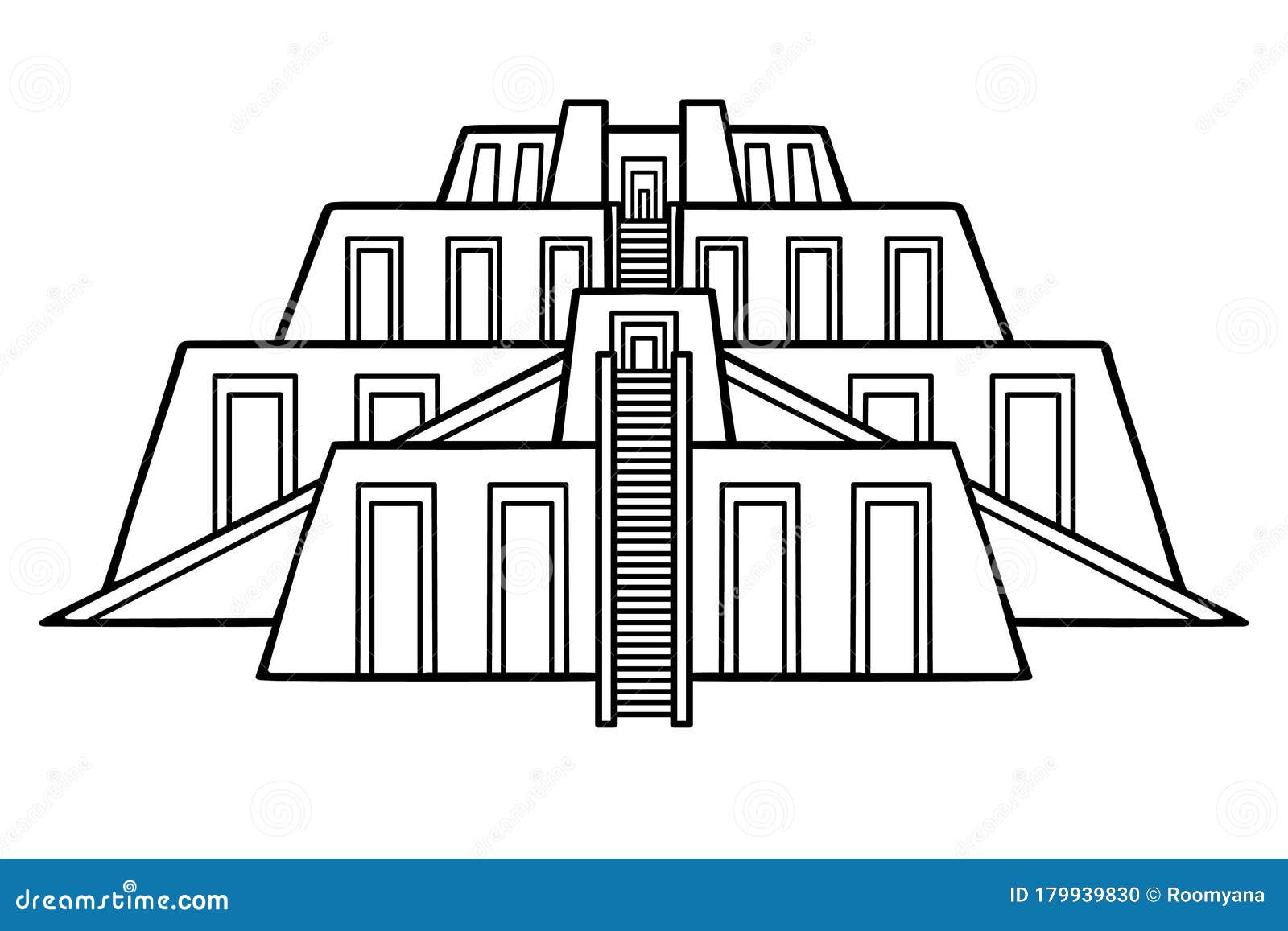 cartoon drawing: ancient zikkurat. architecture of babylon, assyria, mesopotamia.