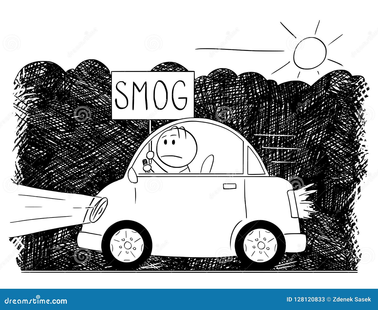 Cartoon Drawing of Car Driving through Smog and Man Holding Sign Stock ...