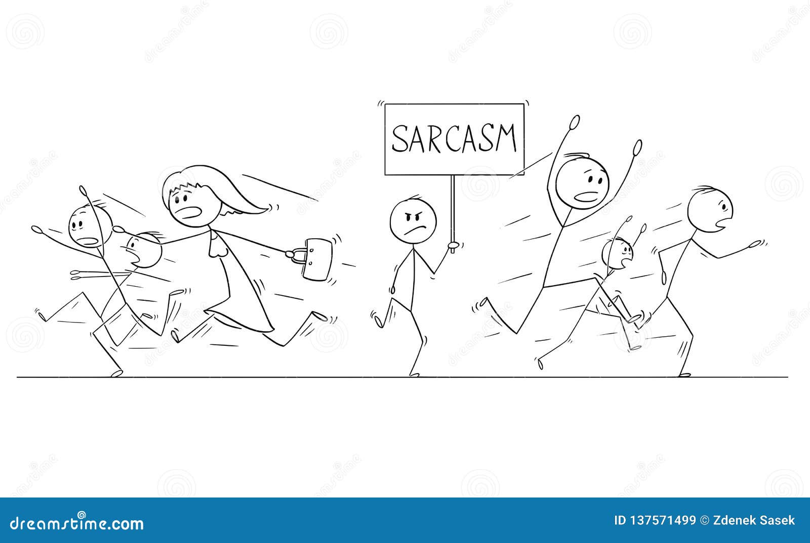 cartoon drawing of crowd of people running in panic away from man with sarcasm sign