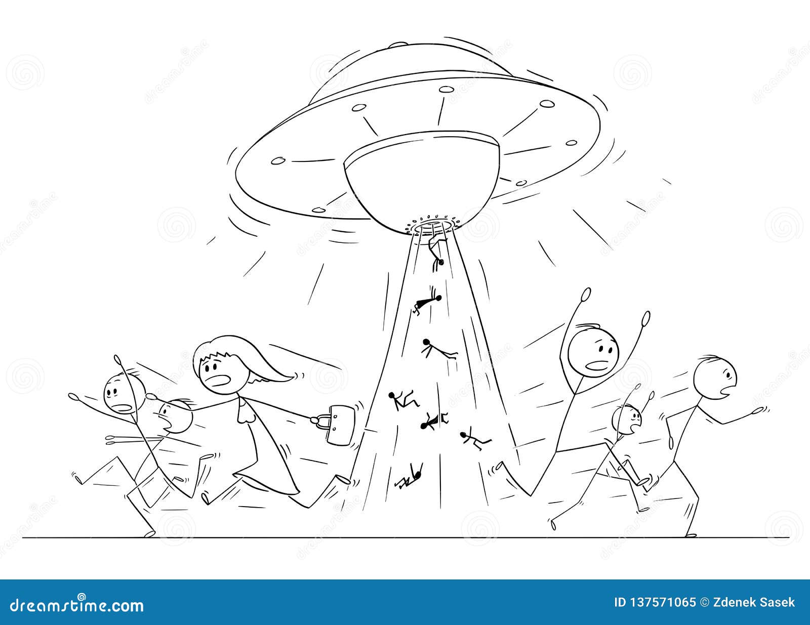Cartoon Drawing Of Crowd Of People Running In Panic Away From Ufo Or Alien Ship Abducting Human Beings Stock Vector Illustration Of Hand Graphic