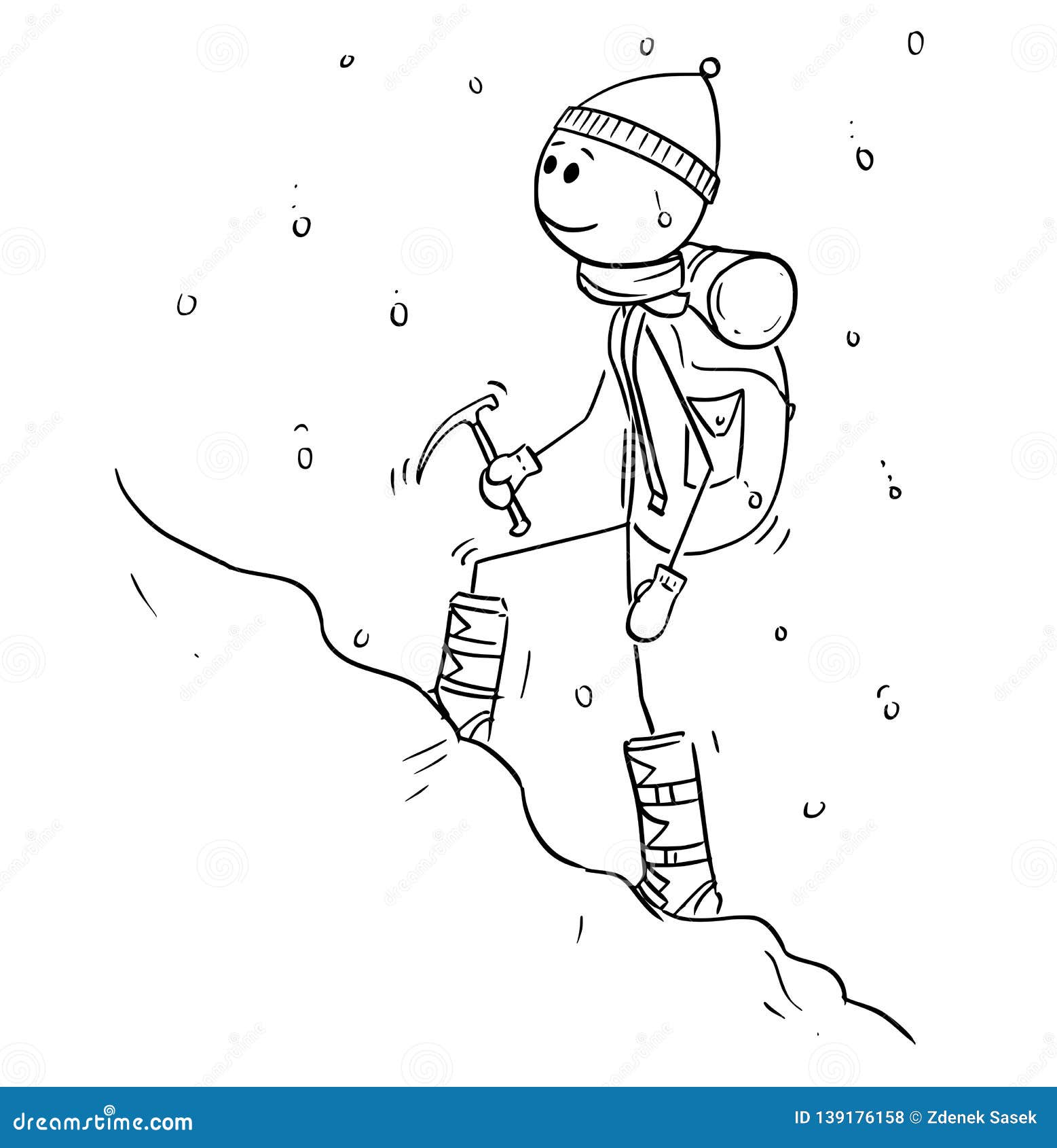 cartoon drawing of mountaineer or alpinist walking through snow