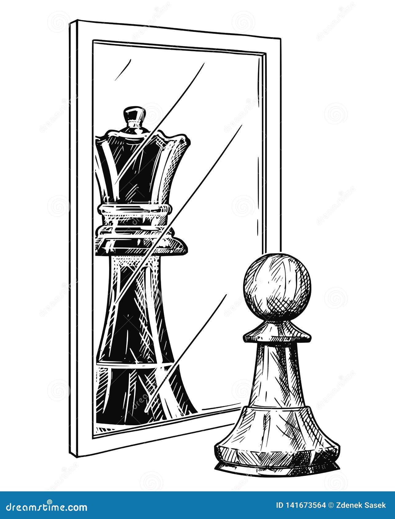cartoon drawing of white chess pawn reflecting in mirror as black king, confidence metaphor