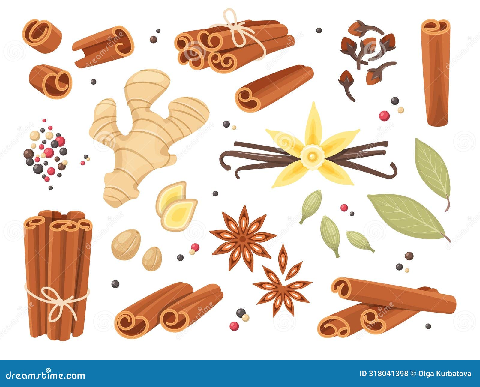 cartoon dry spices. cinnamon sticks, allspice peas, cloves and anise stars, fragrant organic seeds, roots, ginger and
