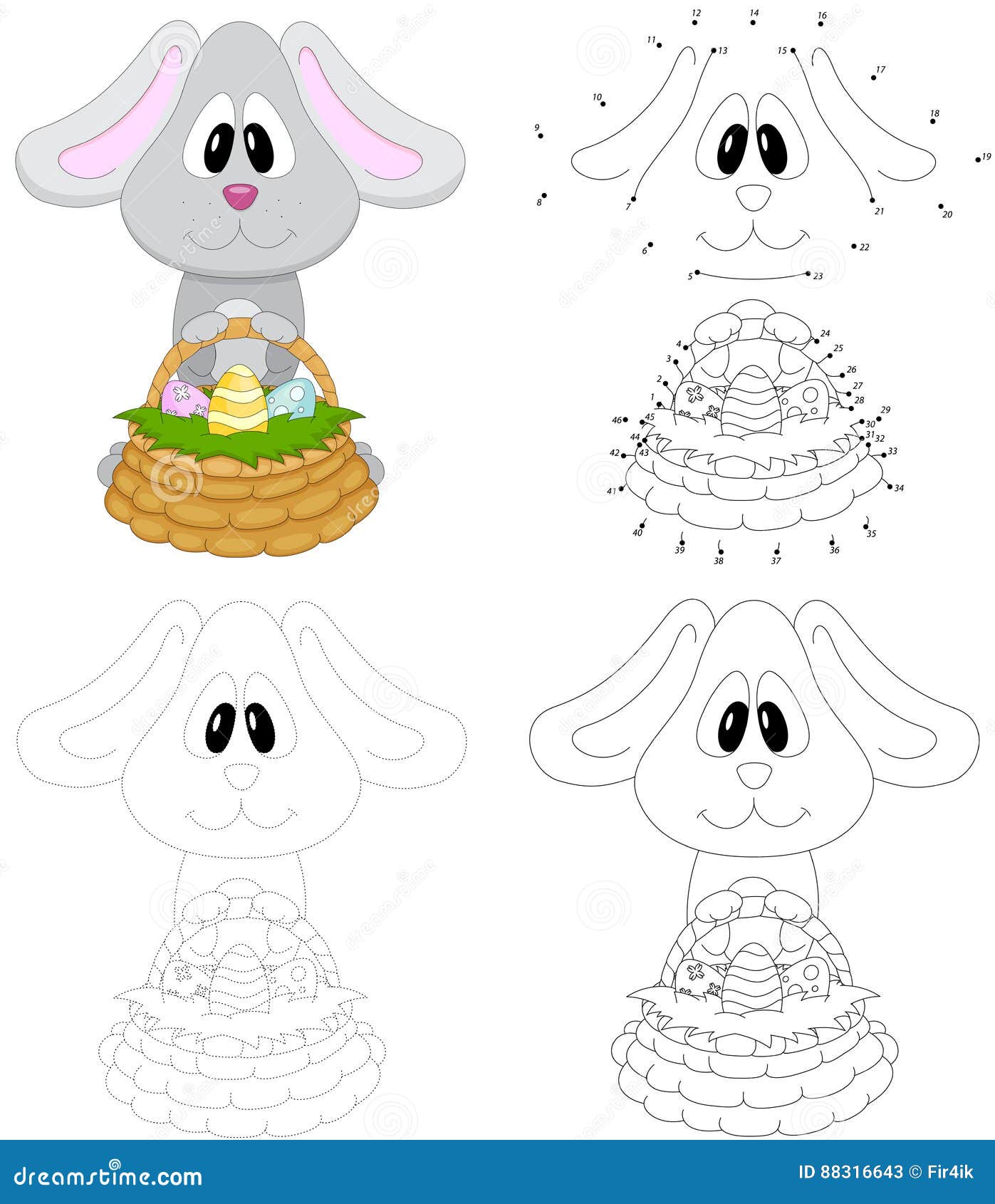 cartoon easter bunny with basket of eggs. dot to dot game for kids