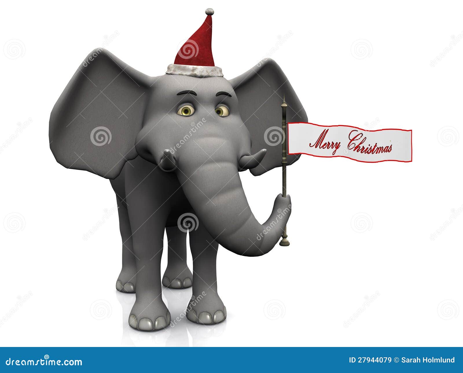 A cute cartoon elephant holding a flag with the words Merry Christmas on White background